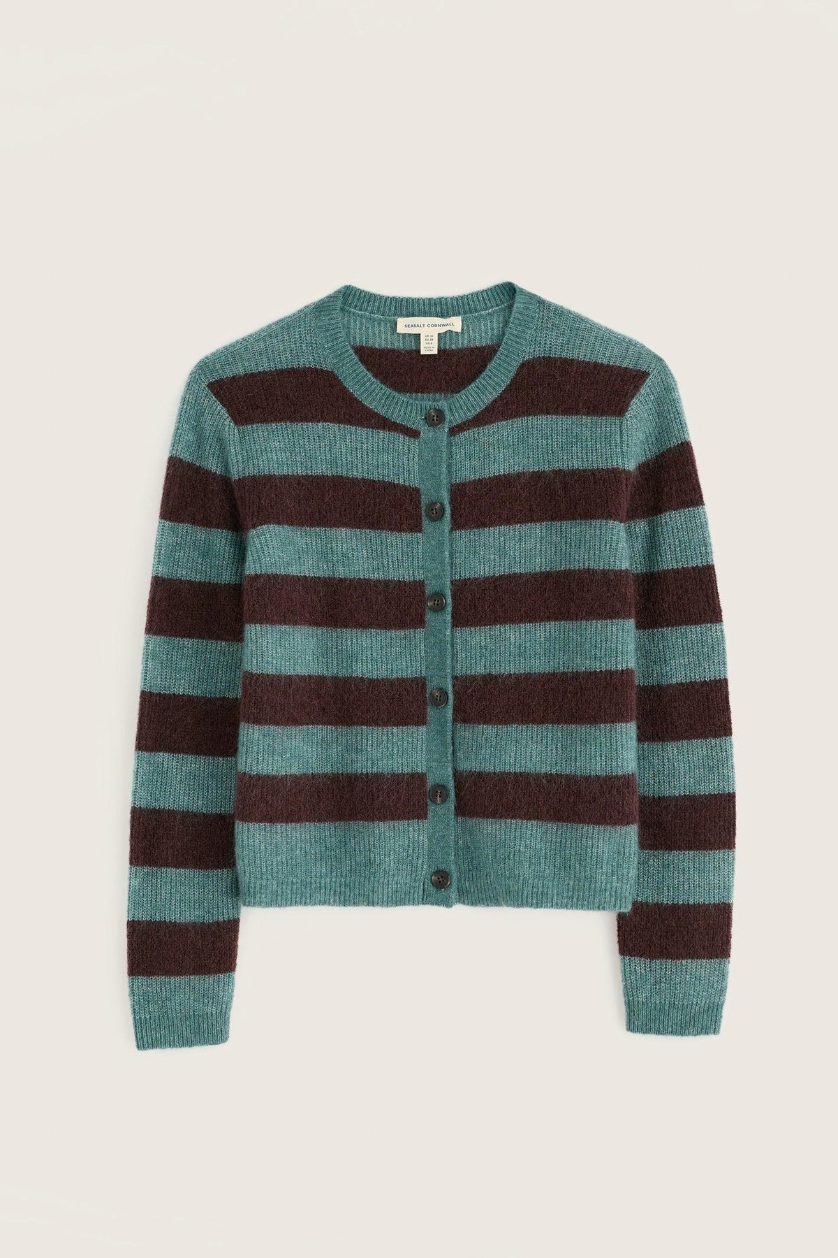 Seasalt Cornwall blue and brown striped knit cardigan with button-up front on a plain light background.