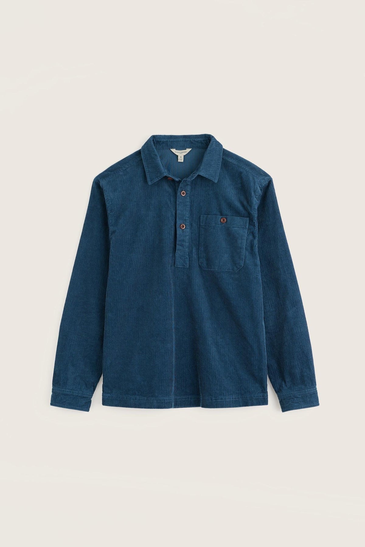 Seasalt Cornwall men's blue corduroy pullover casual shirt with long sleeves and chest pocket.