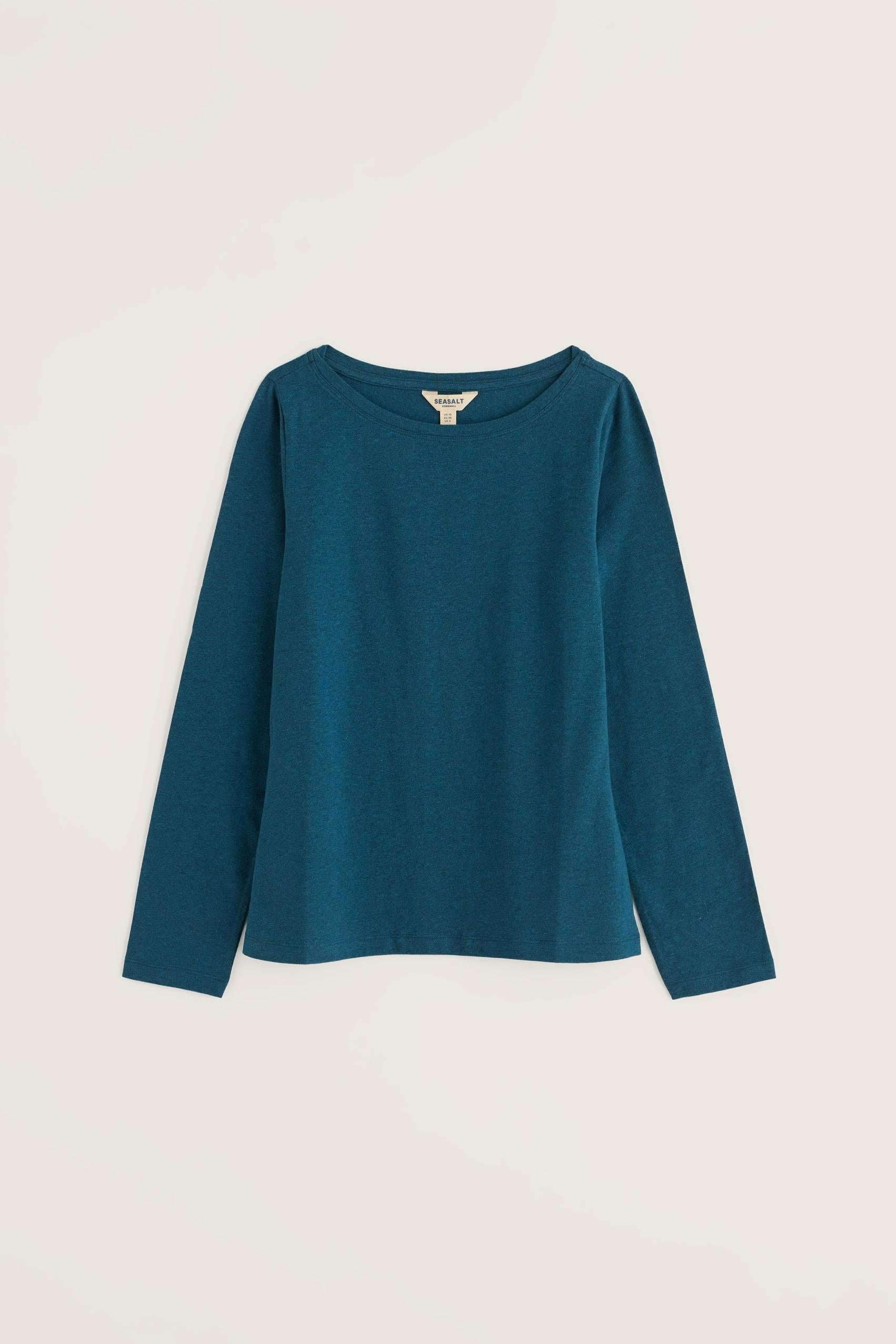 Seasalt Cornwall long sleeve blue women's top made from organic cotton against a neutral background.