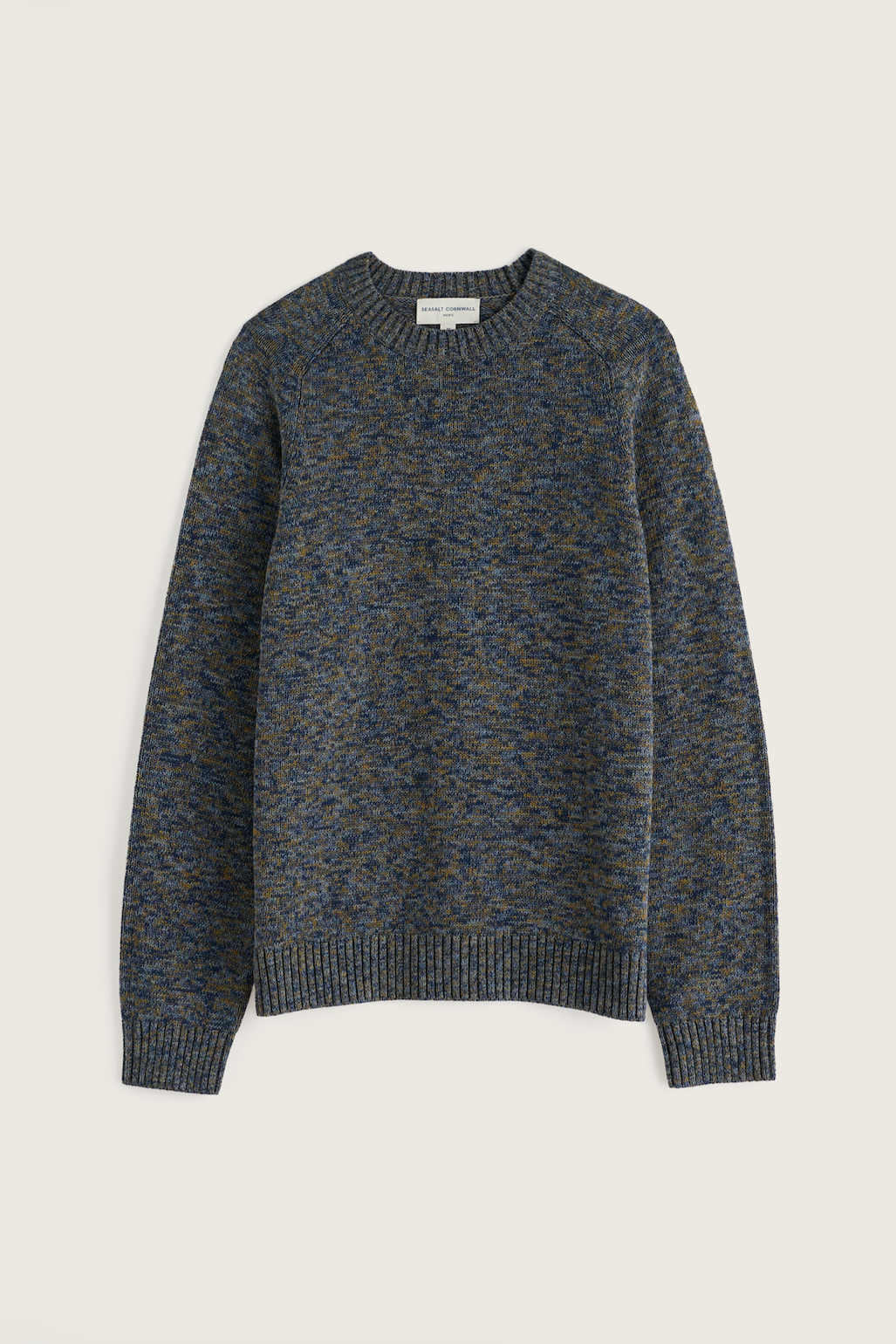 A long-sleeve crewneck knit sweater in a heathered blue and brown marled pattern, displayed flat against a light beige background.
