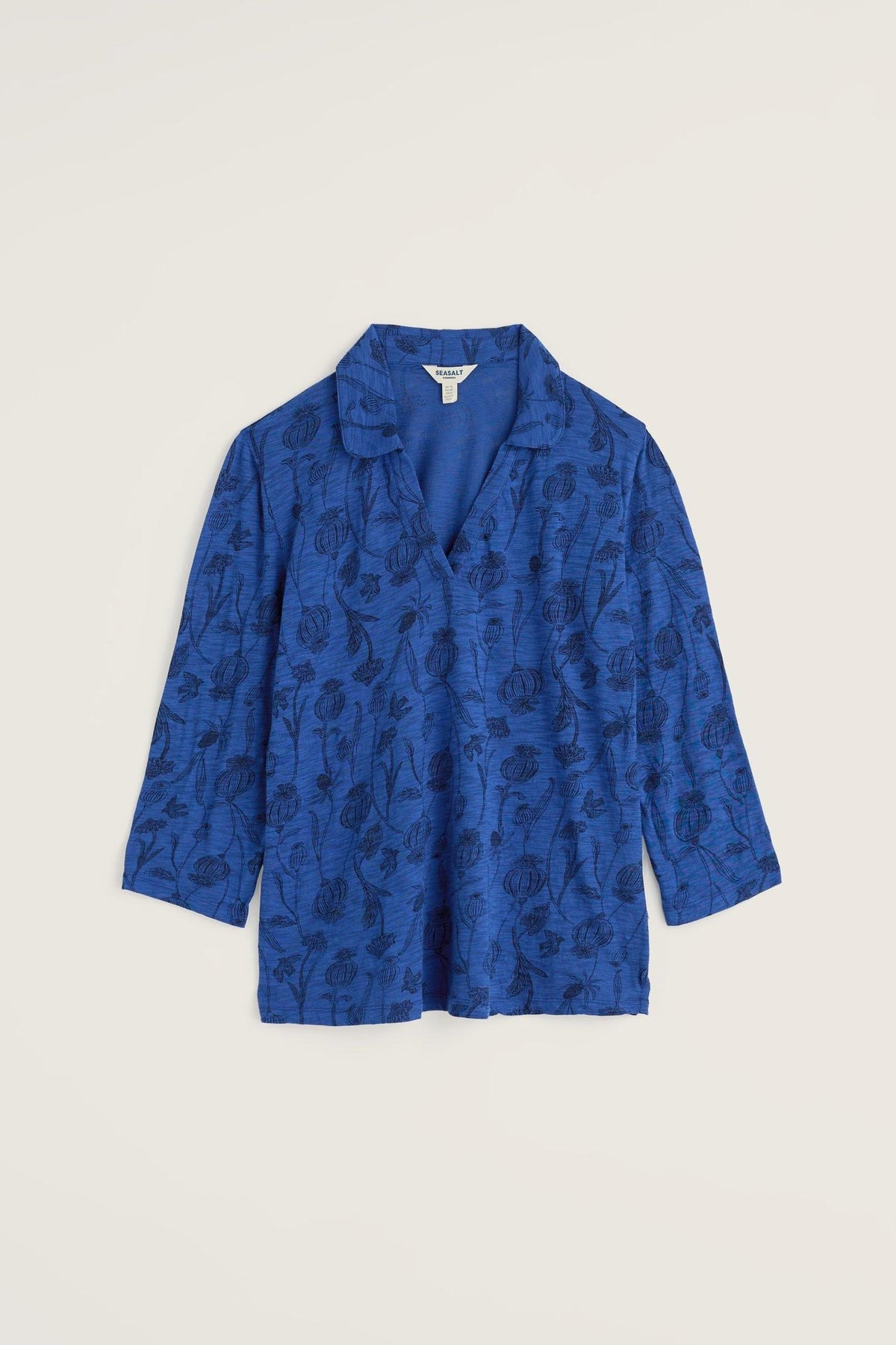 Seasalt Cornwall blue organic cotton shirt with black floral print and collar