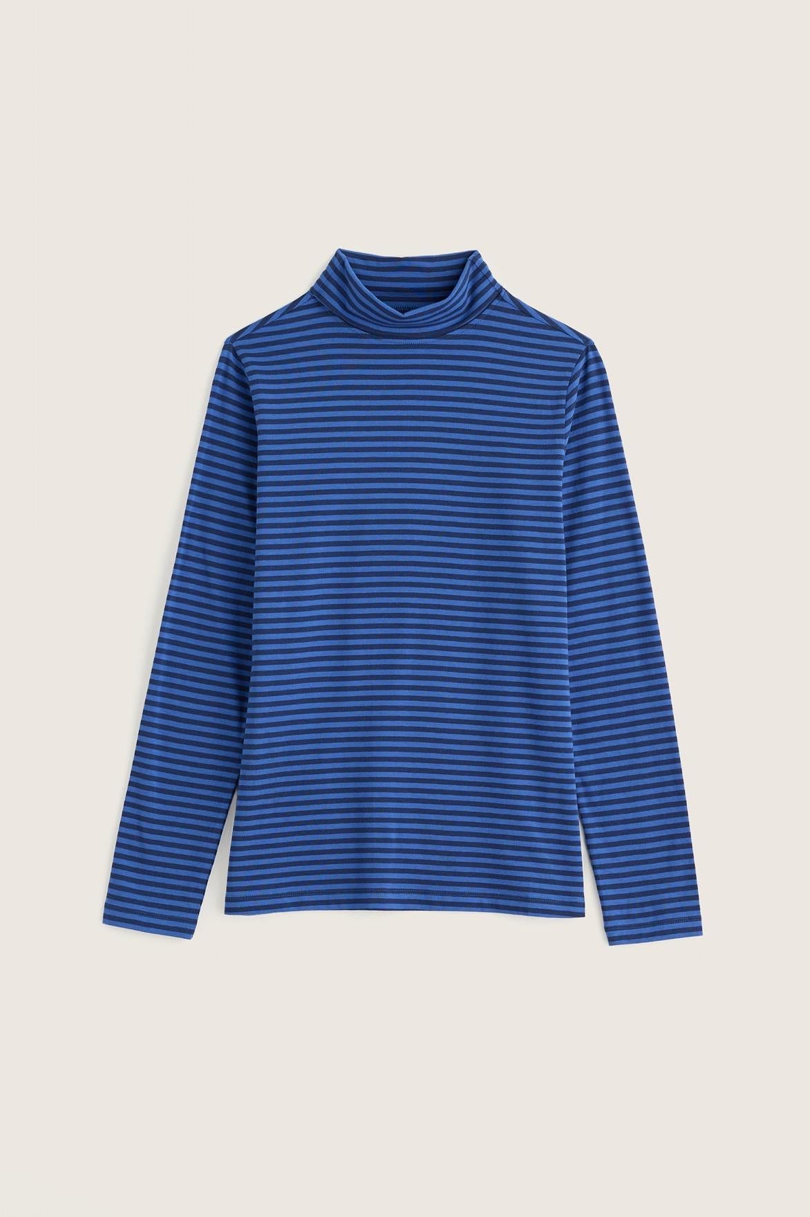 A long-sleeved blue stripe rollneck organic cotton top by Seasalt Cornwall against a neutral background.