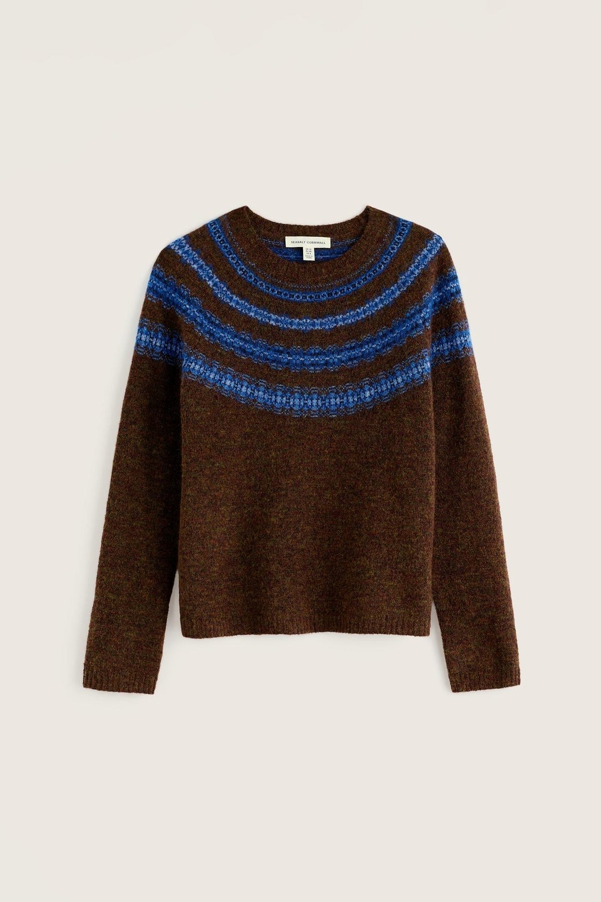 Brown Seasalt Cornwall wool jumper with a blue patterned fairisle yoke design on a plain background.