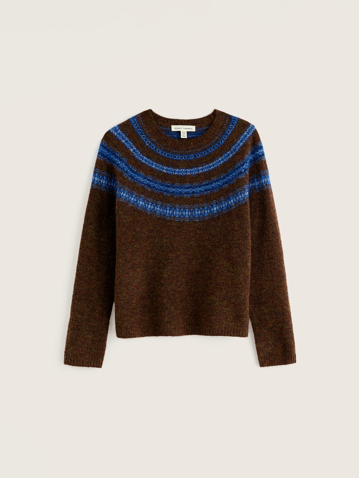 Brown Seasalt Cornwall wool jumper with a blue patterned fairisle yoke design on a plain background.