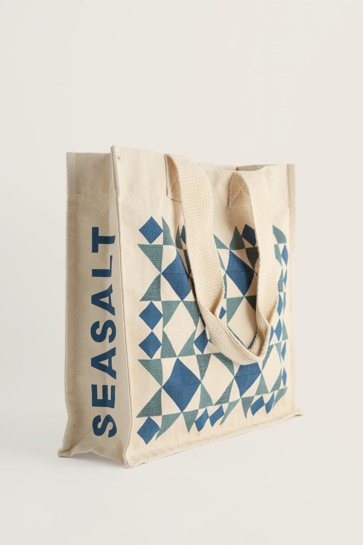 Seasalt Cornwall reusable canvas shopping bag with geometric blue pattern