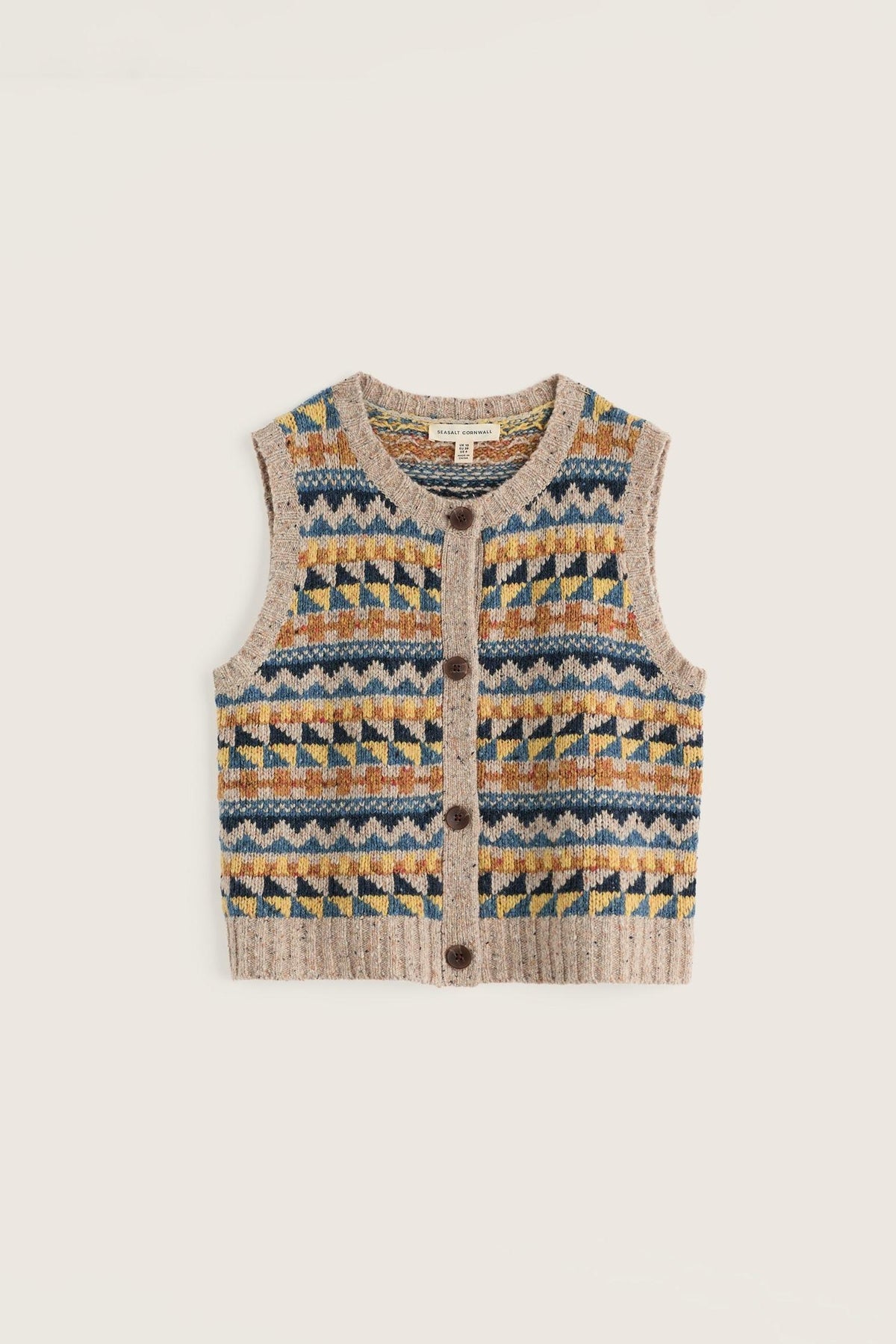 Seasalt Cornwall button-front knit vest featuring a colourful Fairisle pattern on a neutral background.