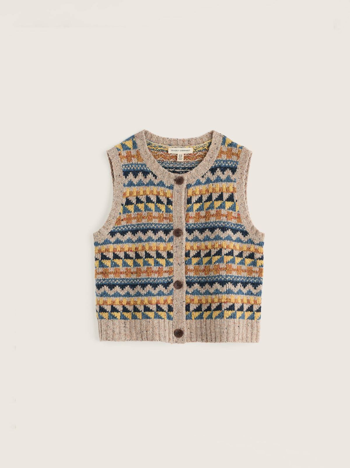 Seasalt Cornwall button-front knit vest featuring a colourful Fairisle pattern on a neutral background.
