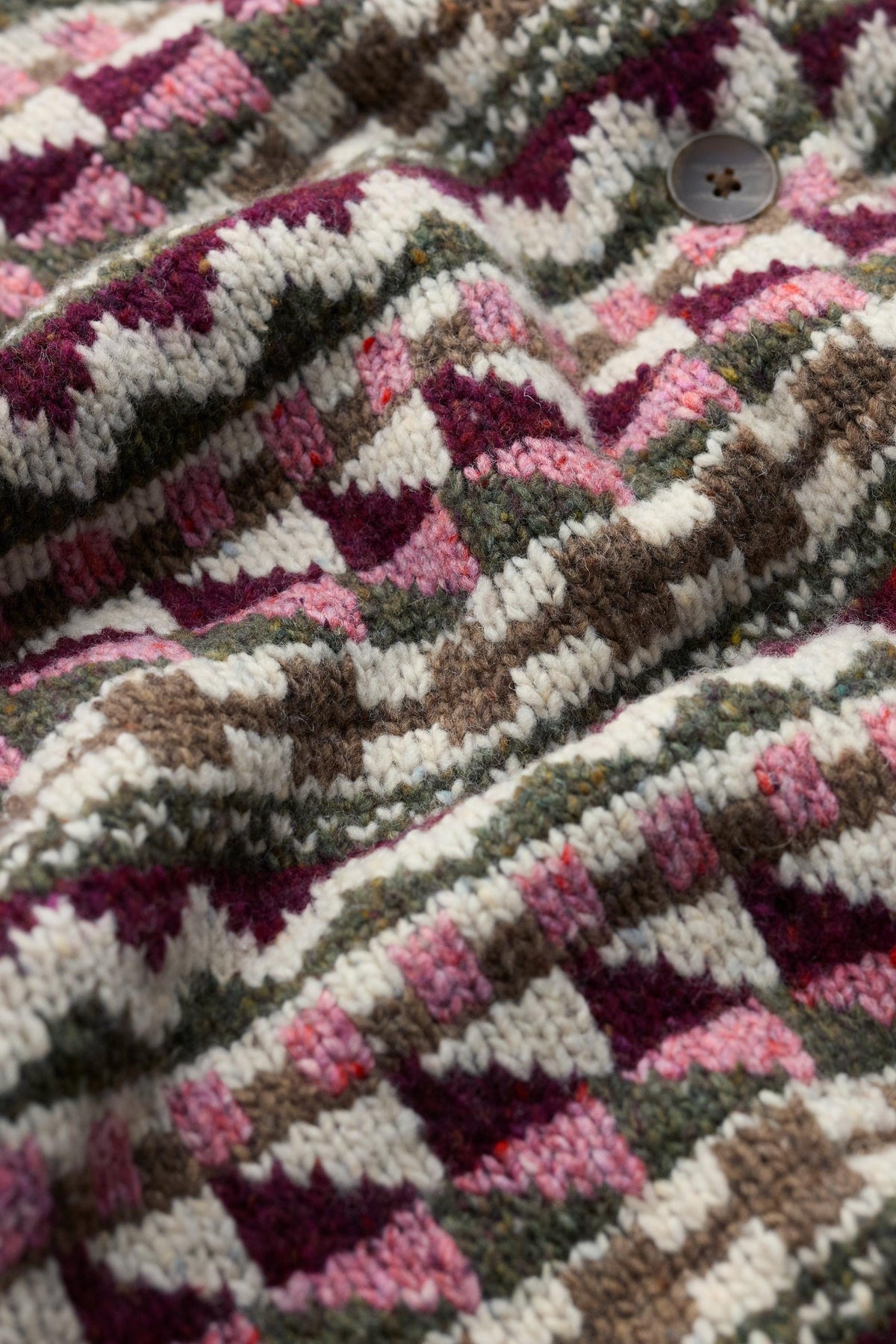Close-up detail of a women's Seasalt Cornwall fairisle pattern merino wool cardigan with a button.