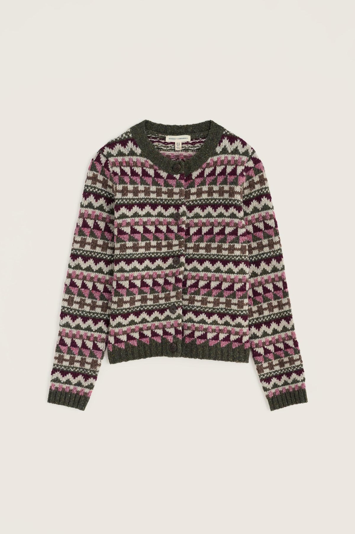 Seasalt Cornwall women's winter cardigan featuring a colorful Fair Isle pattern, button-up front, and long sleeves.