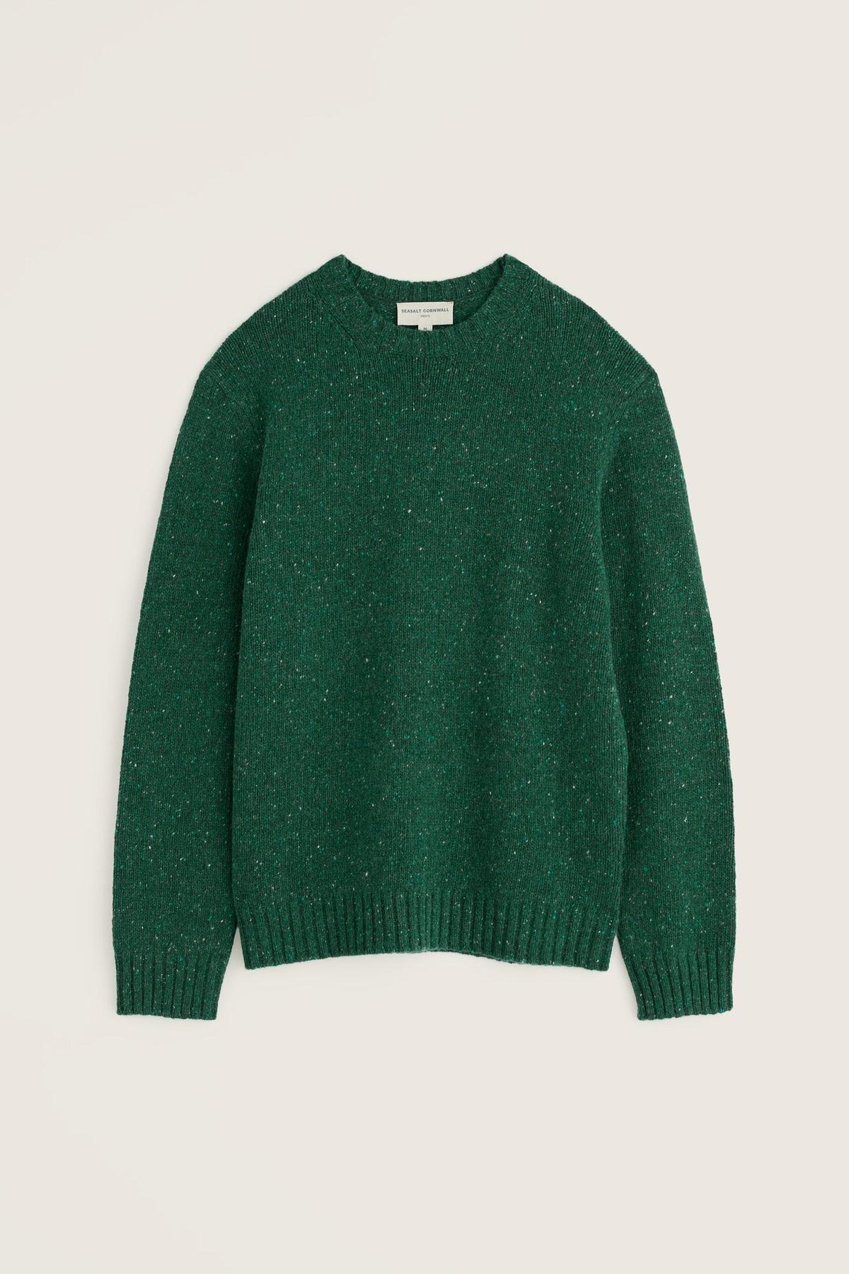 A green Seasalt Cornwall men's wool jumper featuring a classic crew neck knit design on a plain background.