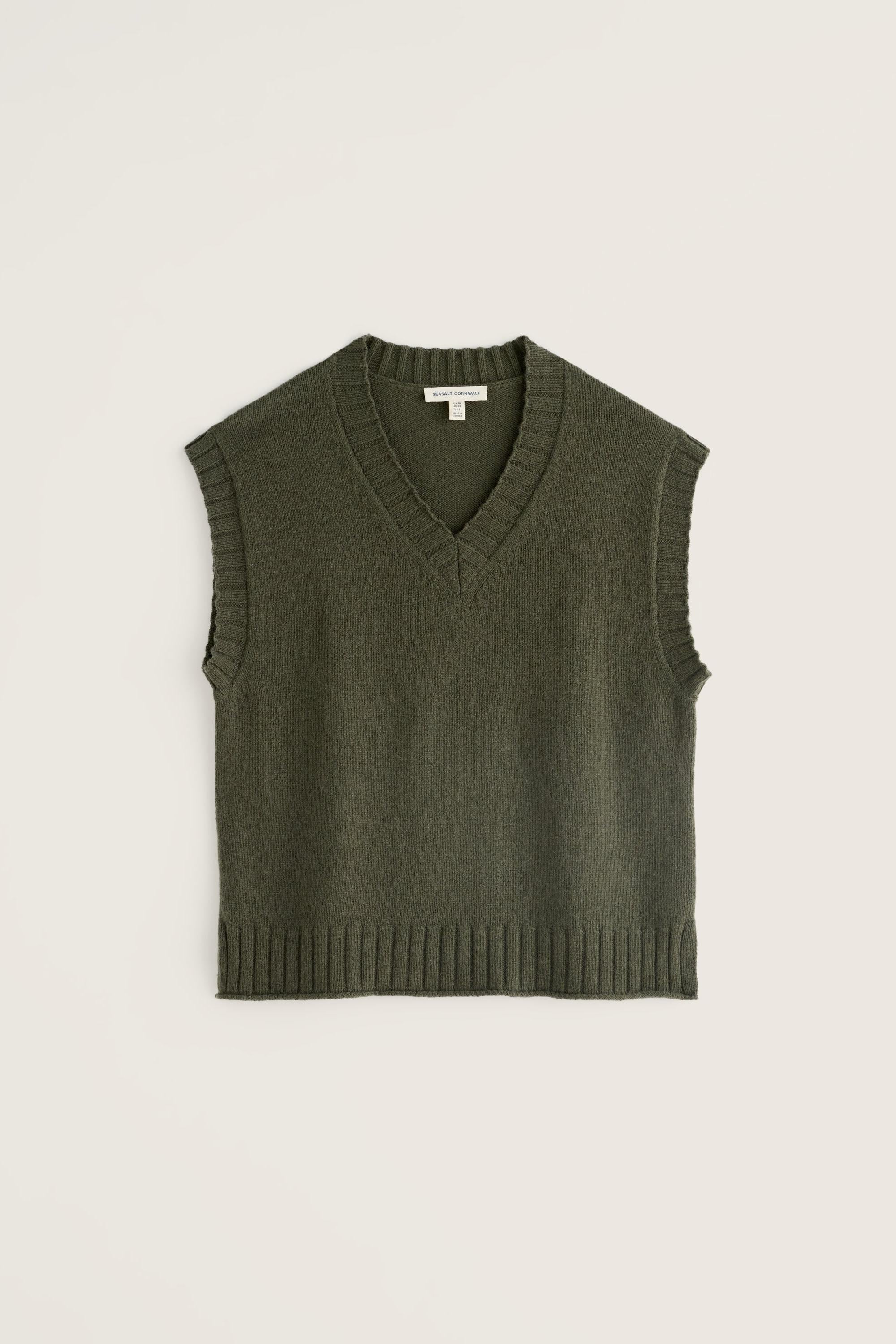 Seasalt Cornwall khaki knit vest for women in a sustainable wool blend.