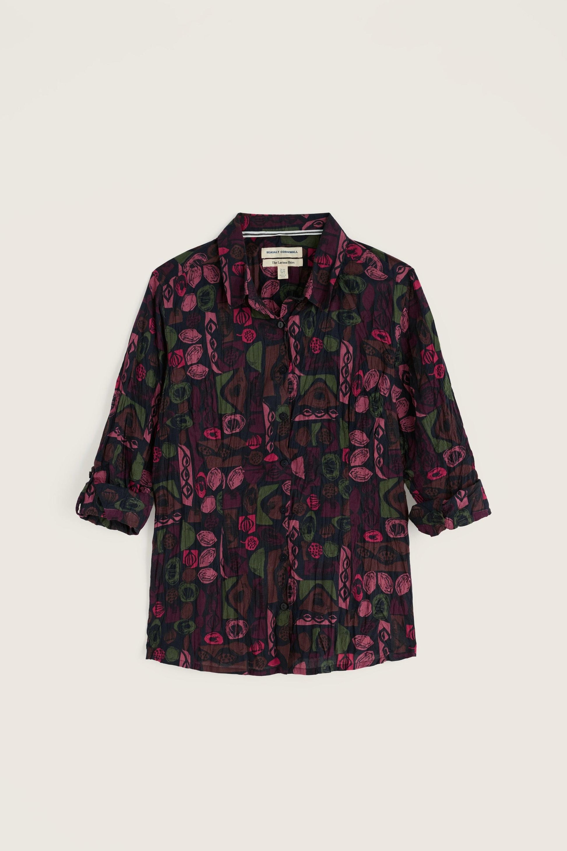 Seasalt Cornwall women's Larissa shirt in a dark purple and green abstract organic cotton print.