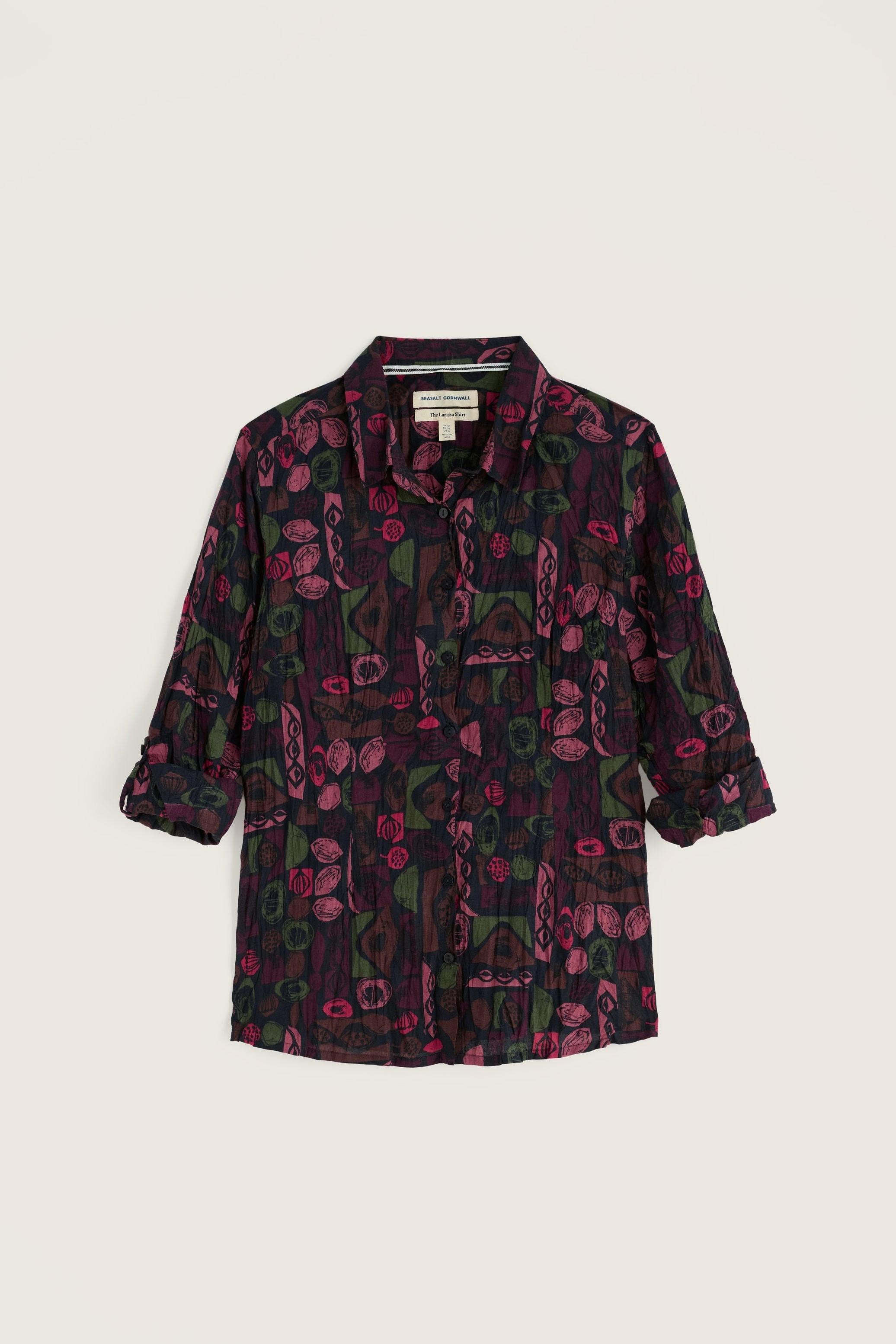 Seasalt Cornwall women's Larissa shirt in a dark purple and green abstract organic cotton print.