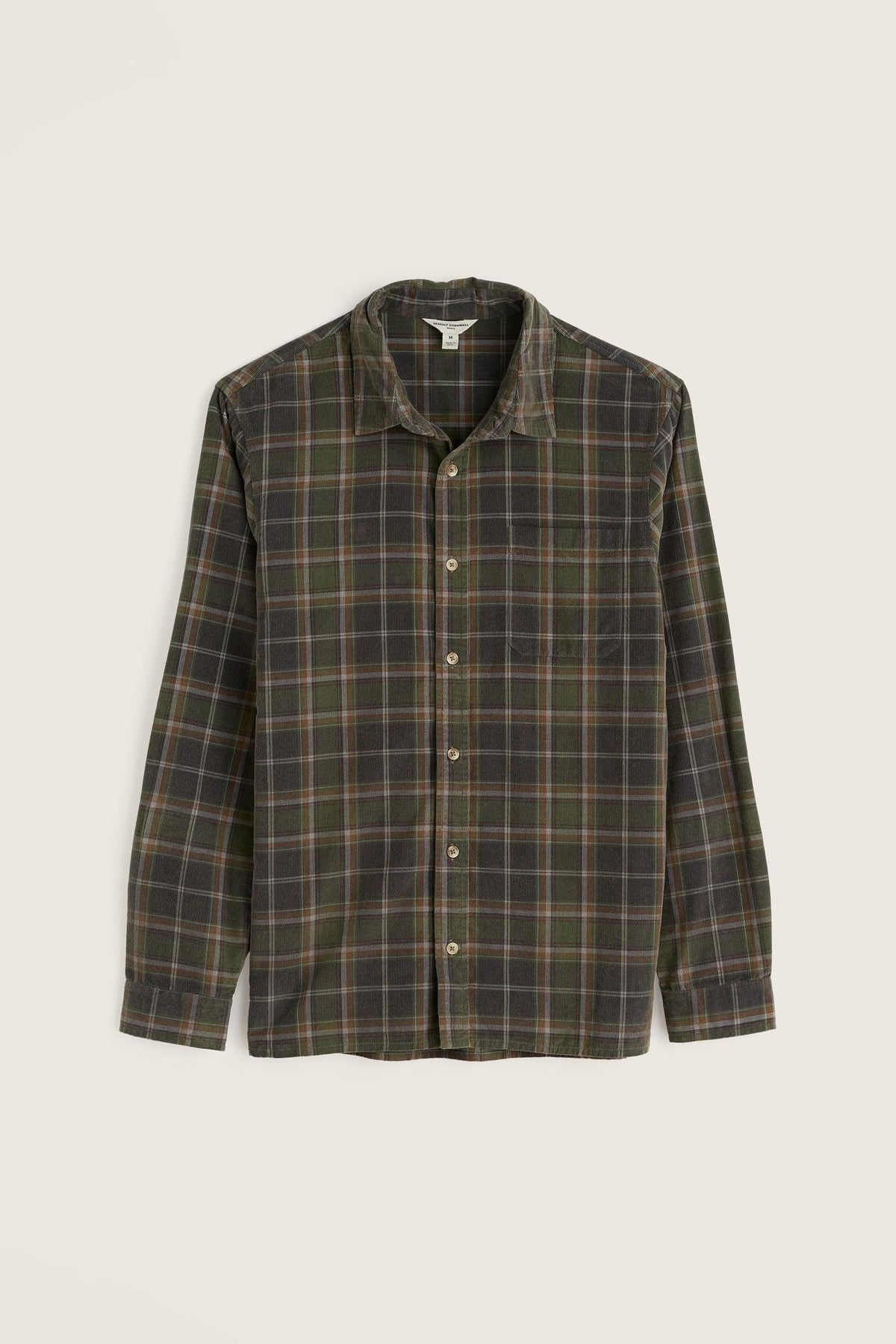A men's cotton check shirt in a soft cord fabric. The colours are warm autumn and winter browns and green