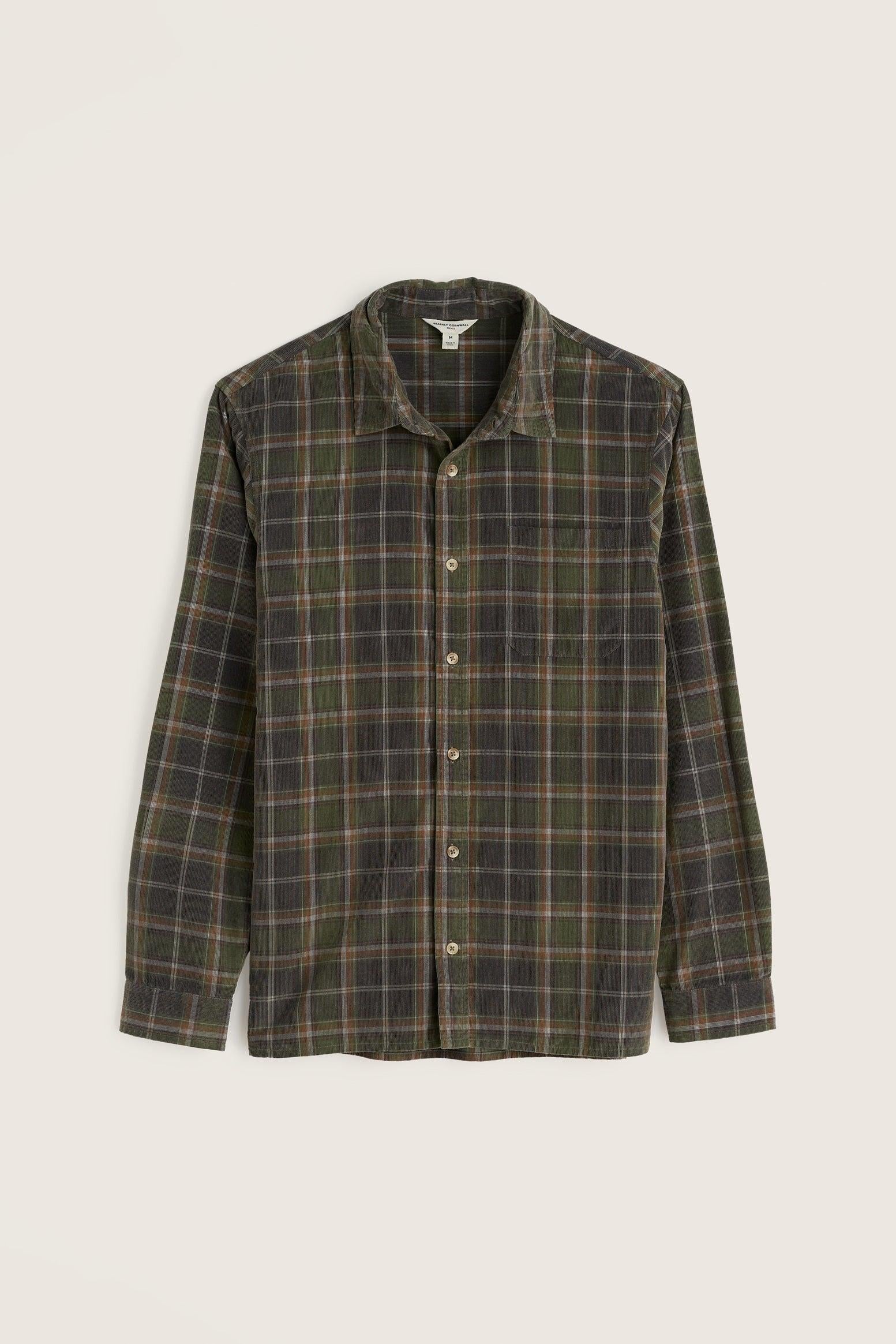A men's cotton check shirt in a soft cord fabric. The colours are warm autumn and winter browns and green