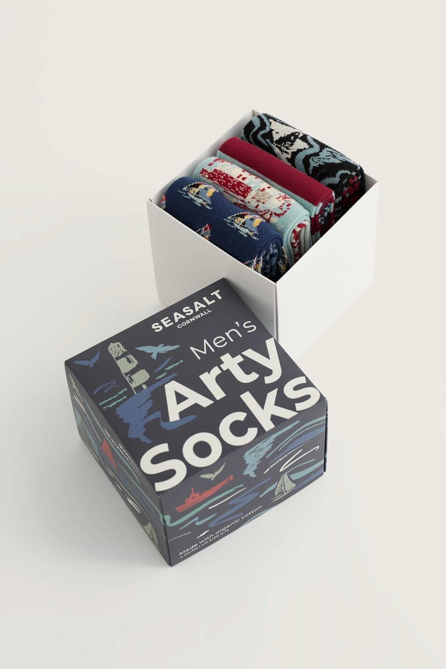 Seasalt Gift Box of 4 Mens Arty Socks Boats Harbour Mix
