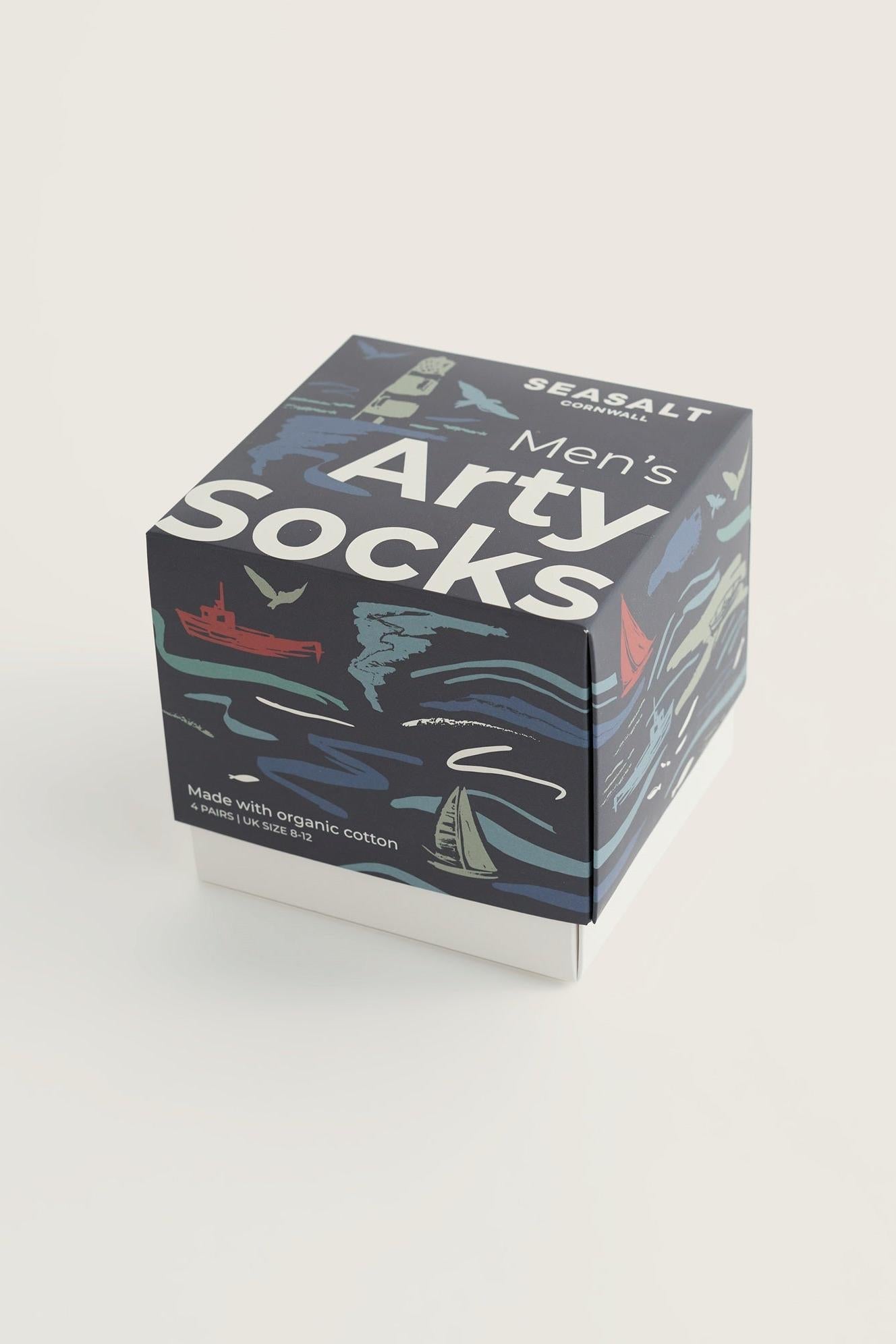 Seasalt Gift Box of 4 Mens Arty Socks Boats Harbour Mix