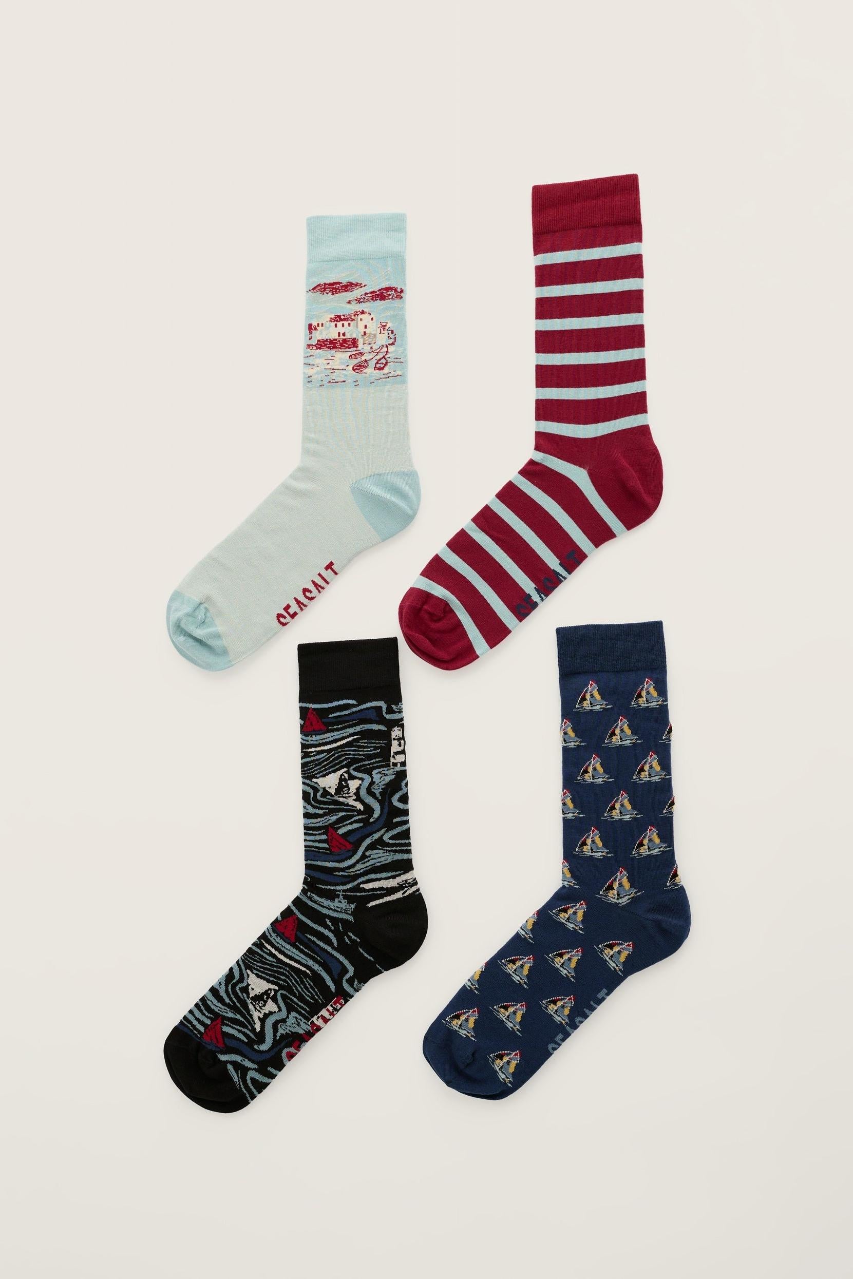 Seasalt Gift Box of 4 Mens Arty Socks Boats Harbour Mix
