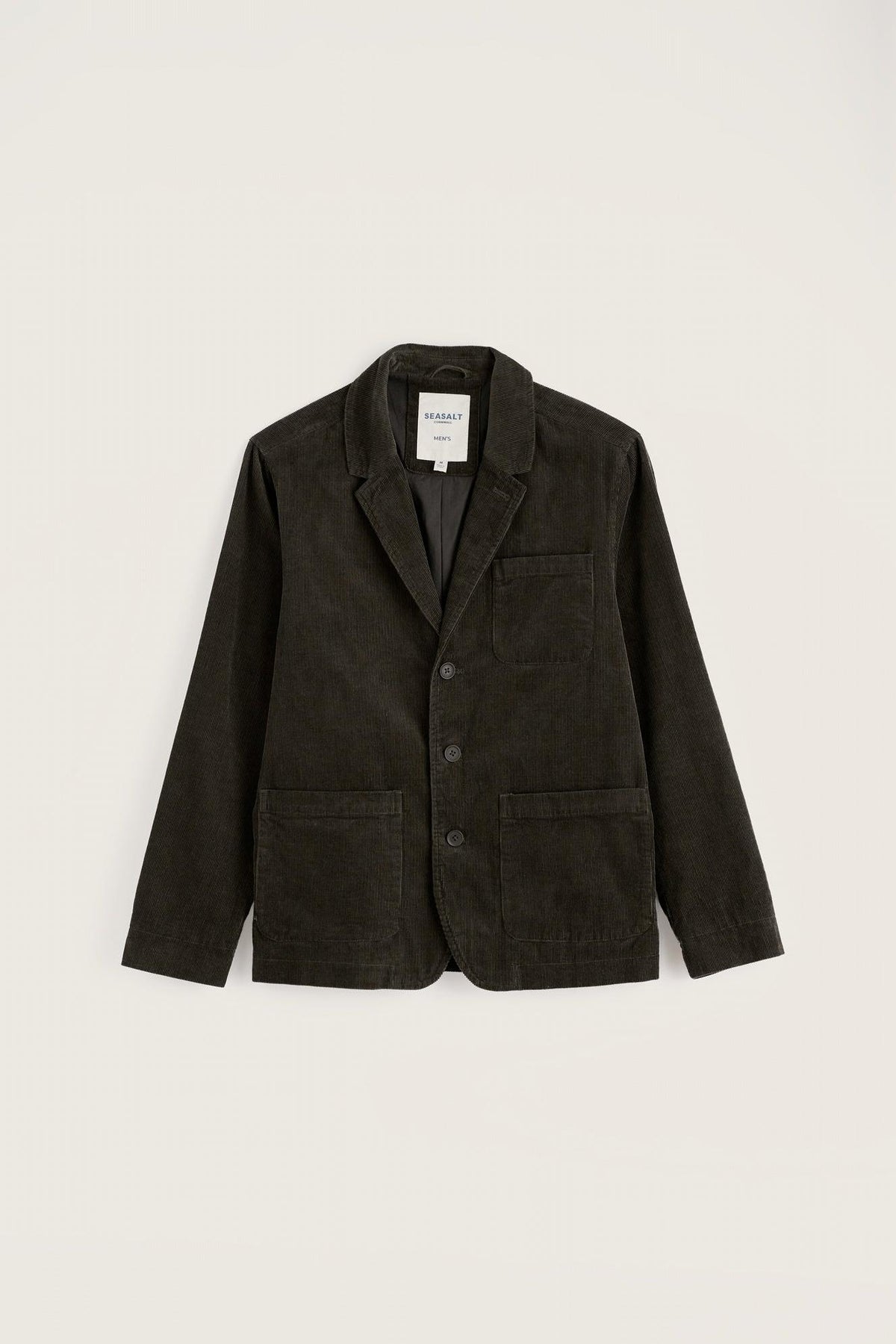 Seasalt Cornwall men's olive green corduroy blazer against a plain white background.