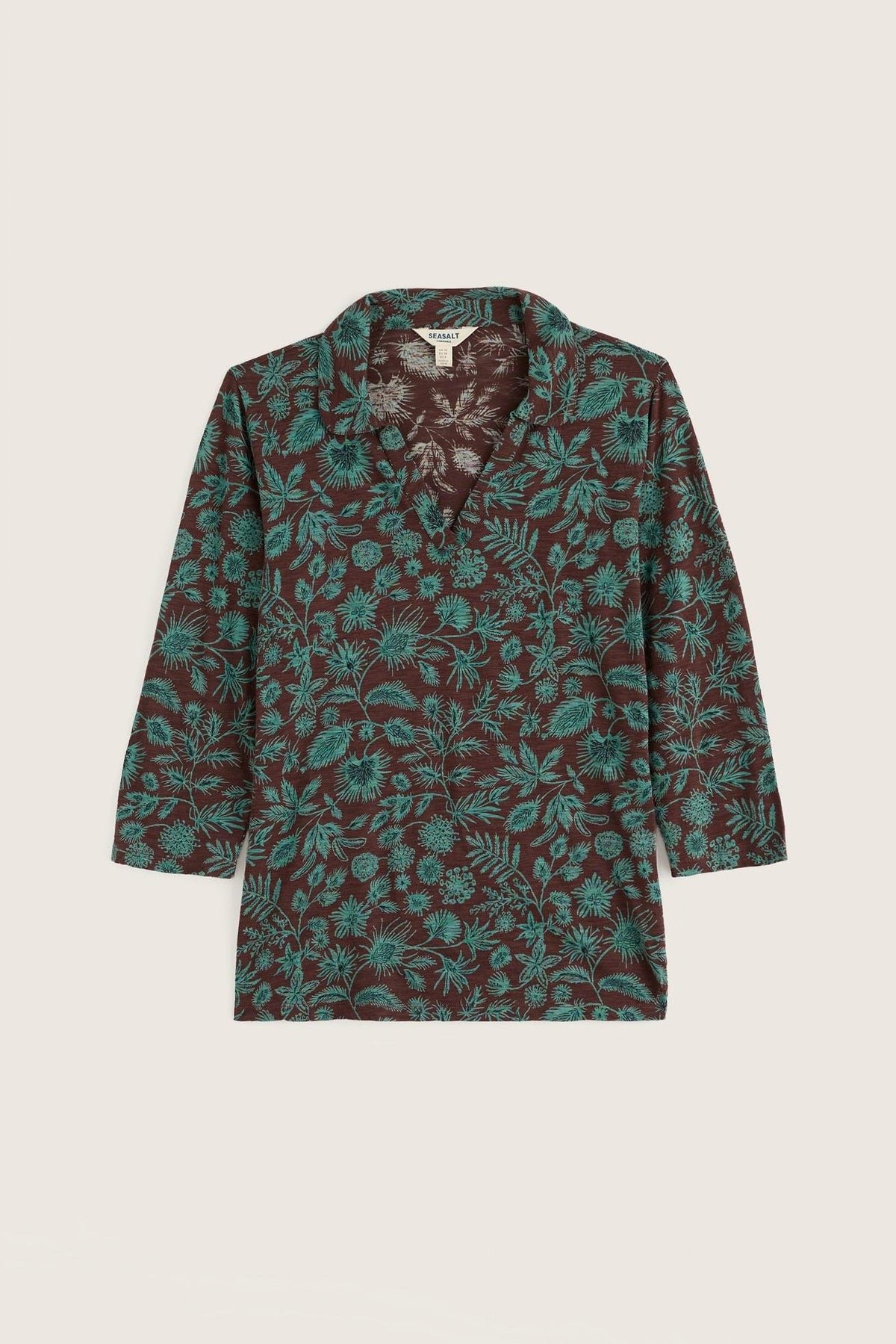 Seasalt Cornwall organic cotton long sleeve shirt in brown with a teal botanical floral print and v-neck collar.