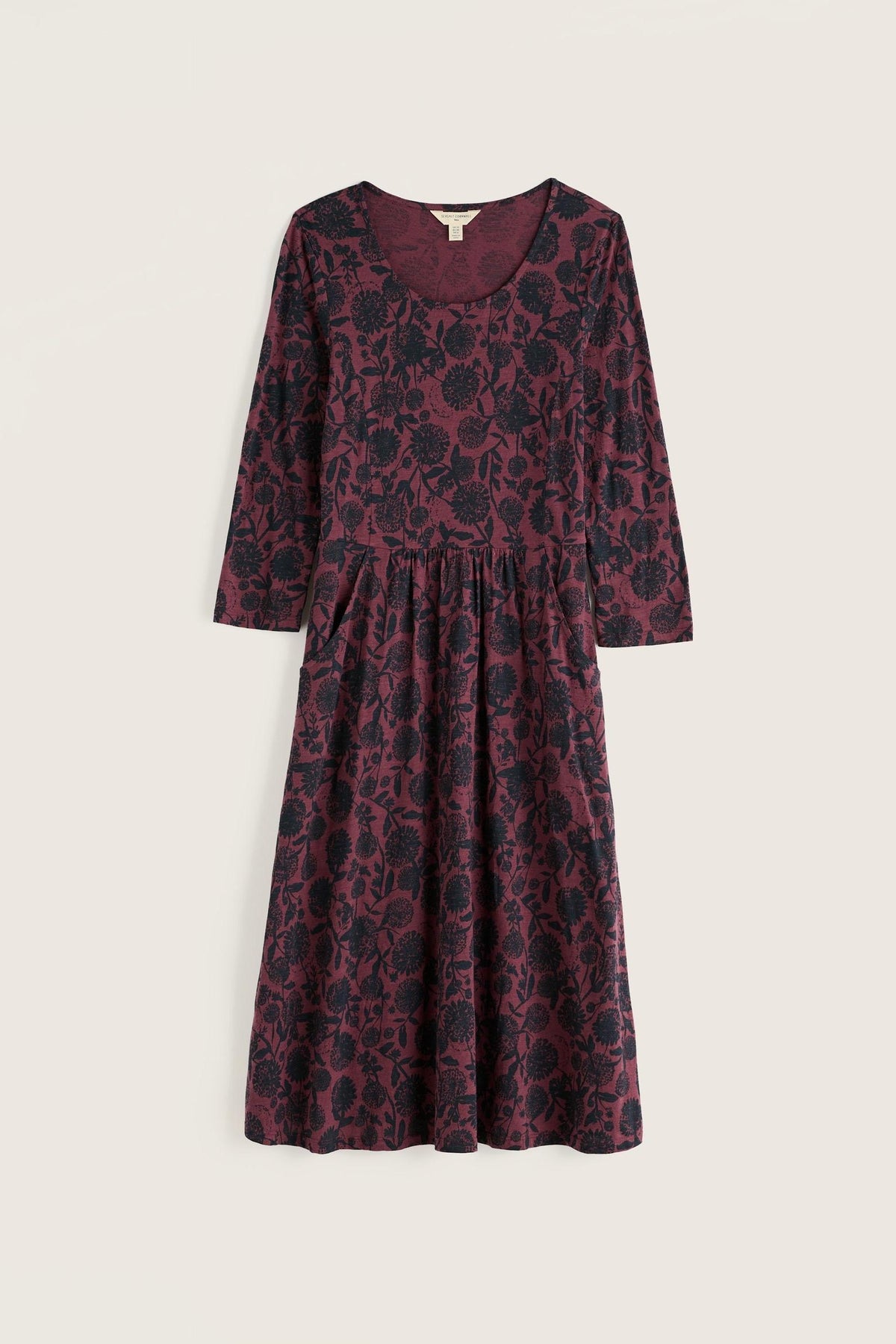 Seasalt Cornwall purple floral organic cotton knee-length dress with 3/4 length sleeves