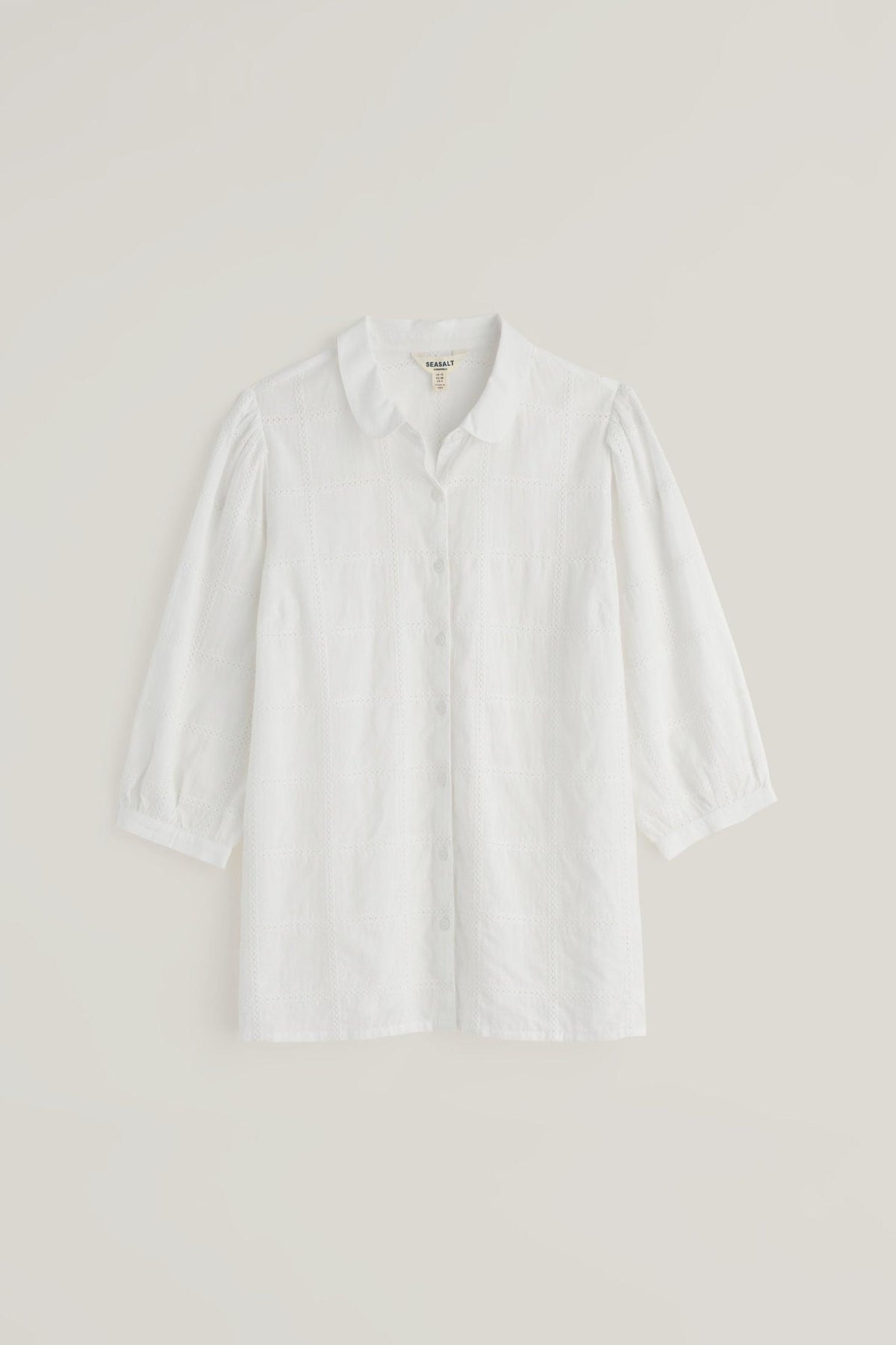 Seasalt Cornwall white organic cotton shirt featuring delicate embroidery and button-down front.