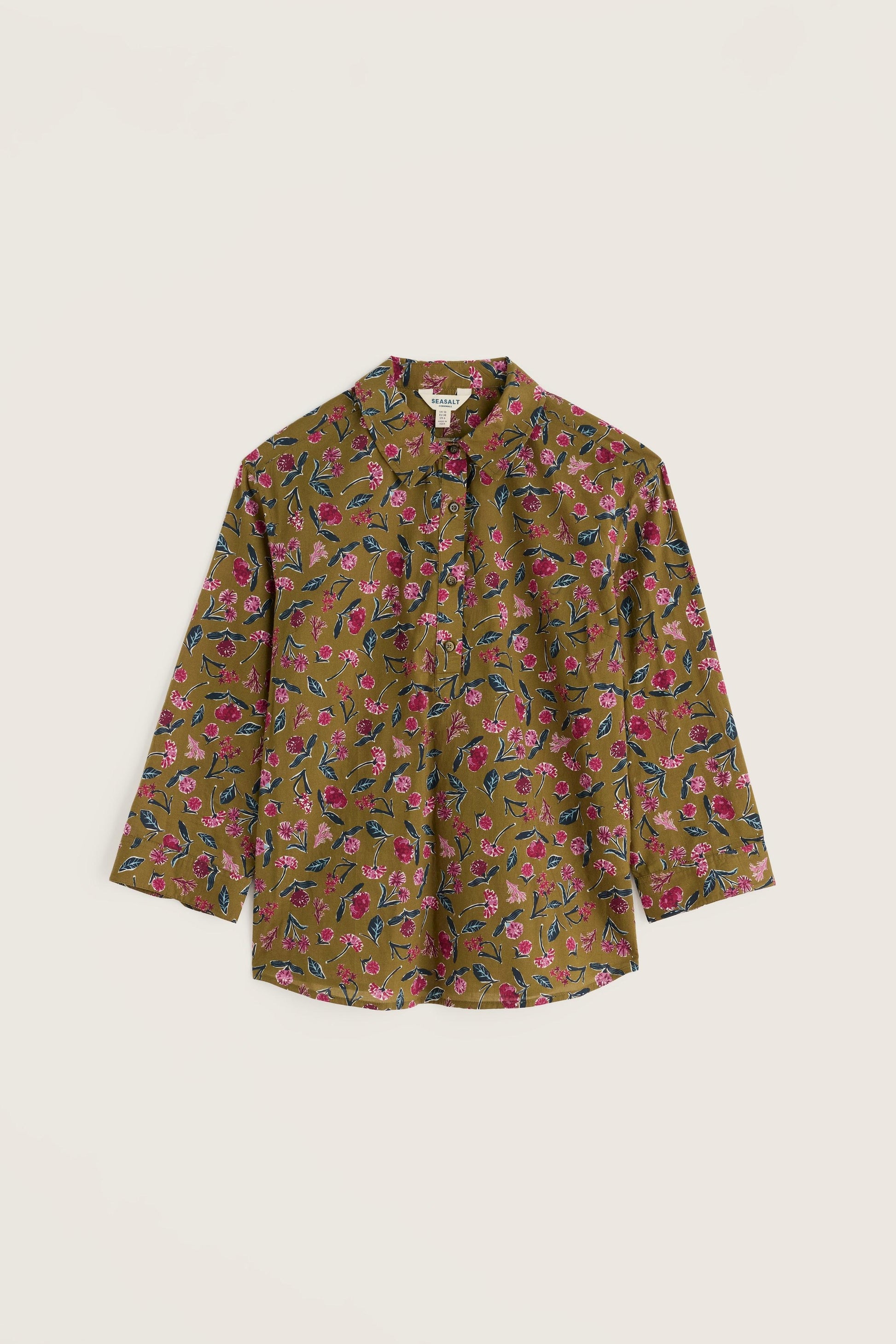 Seasalt casual top in olive green with a pink floral print and three-quarter sleeves.