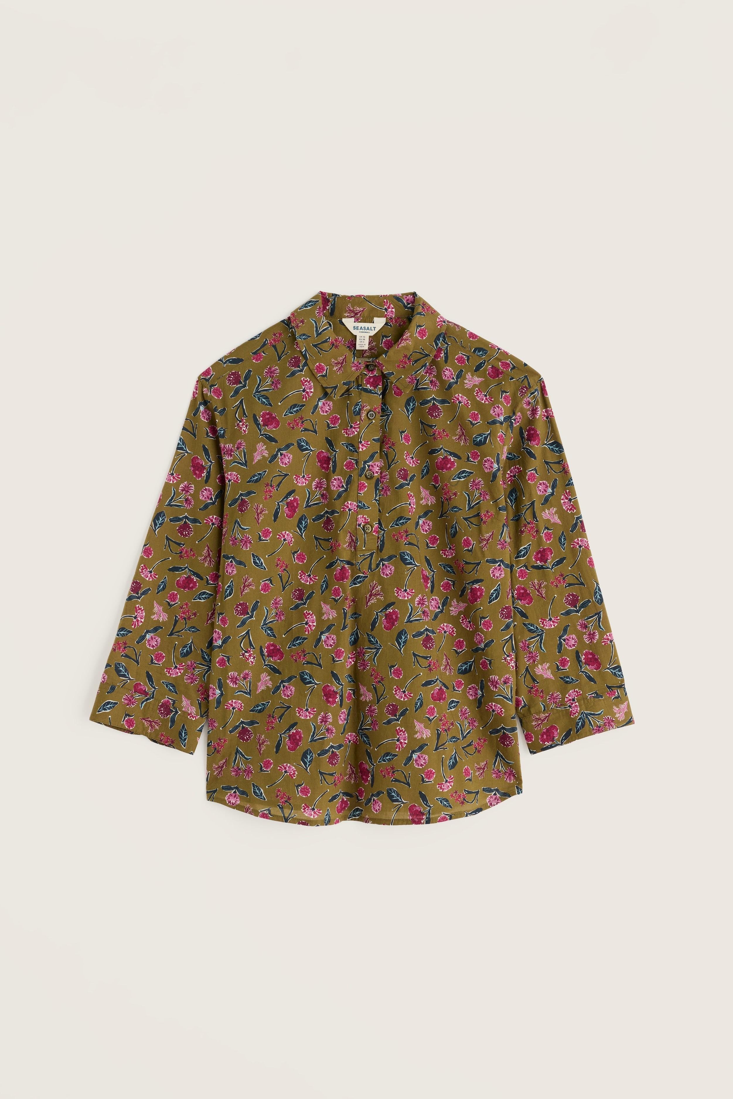 Seasalt casual top in olive green with a pink floral print and three-quarter sleeves.