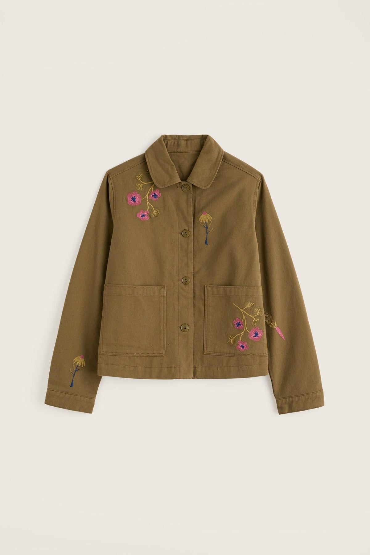 Khaki Seasalt casual jacket featuring delicate floral embroidery on an organic cotton fabric.