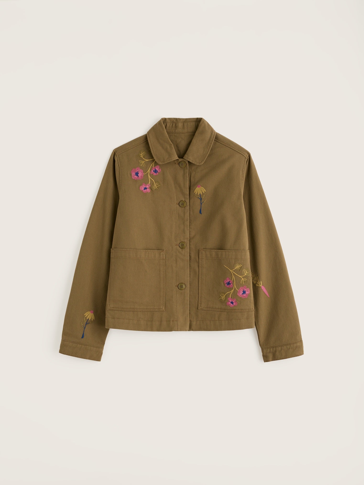 Khaki Seasalt casual jacket featuring delicate floral embroidery on an organic cotton fabric.