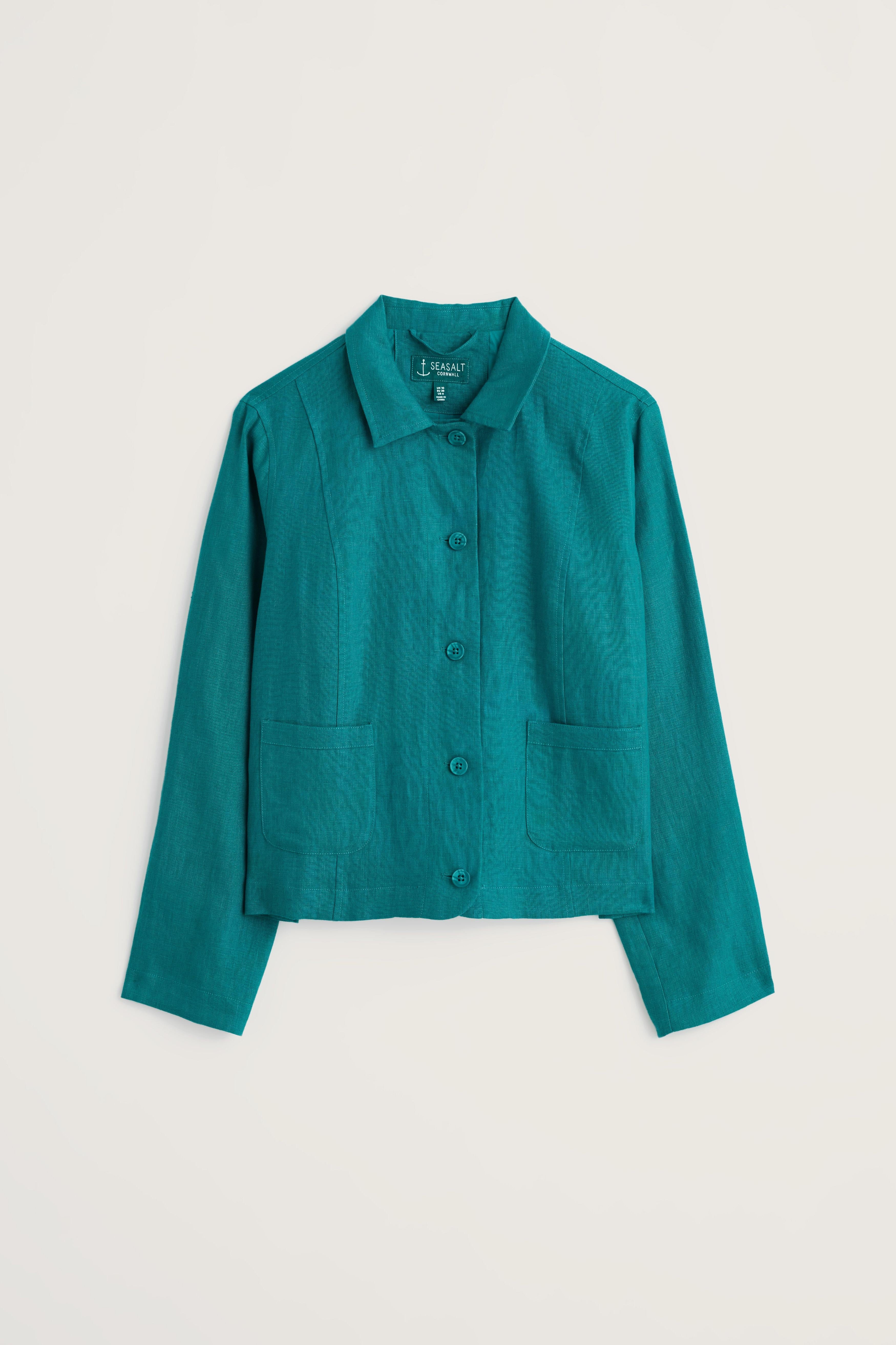Teal linen jacket on a light beige background