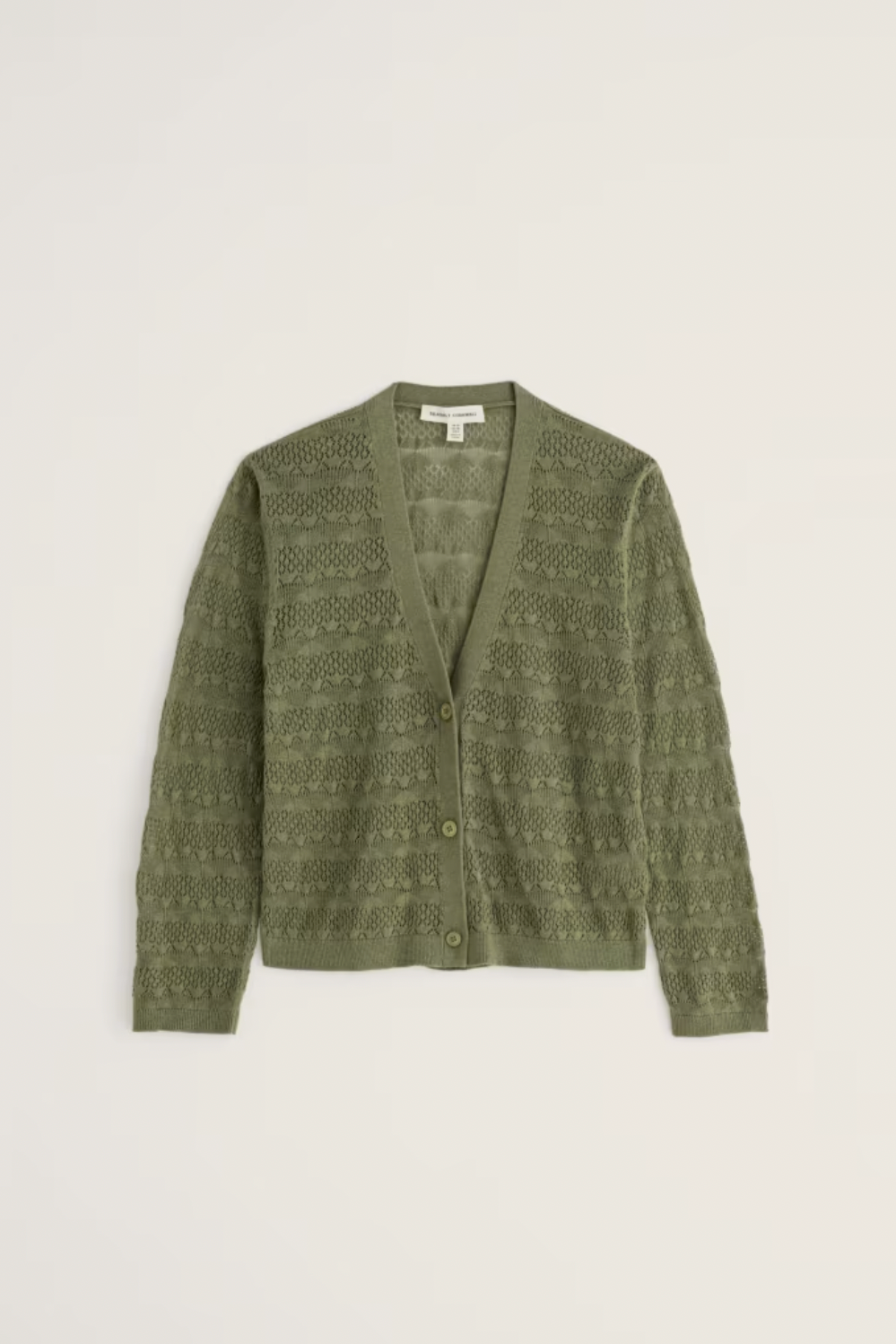 Olive green Seasalt organic cotton cardigan with a textured knit pattern against a plain background.