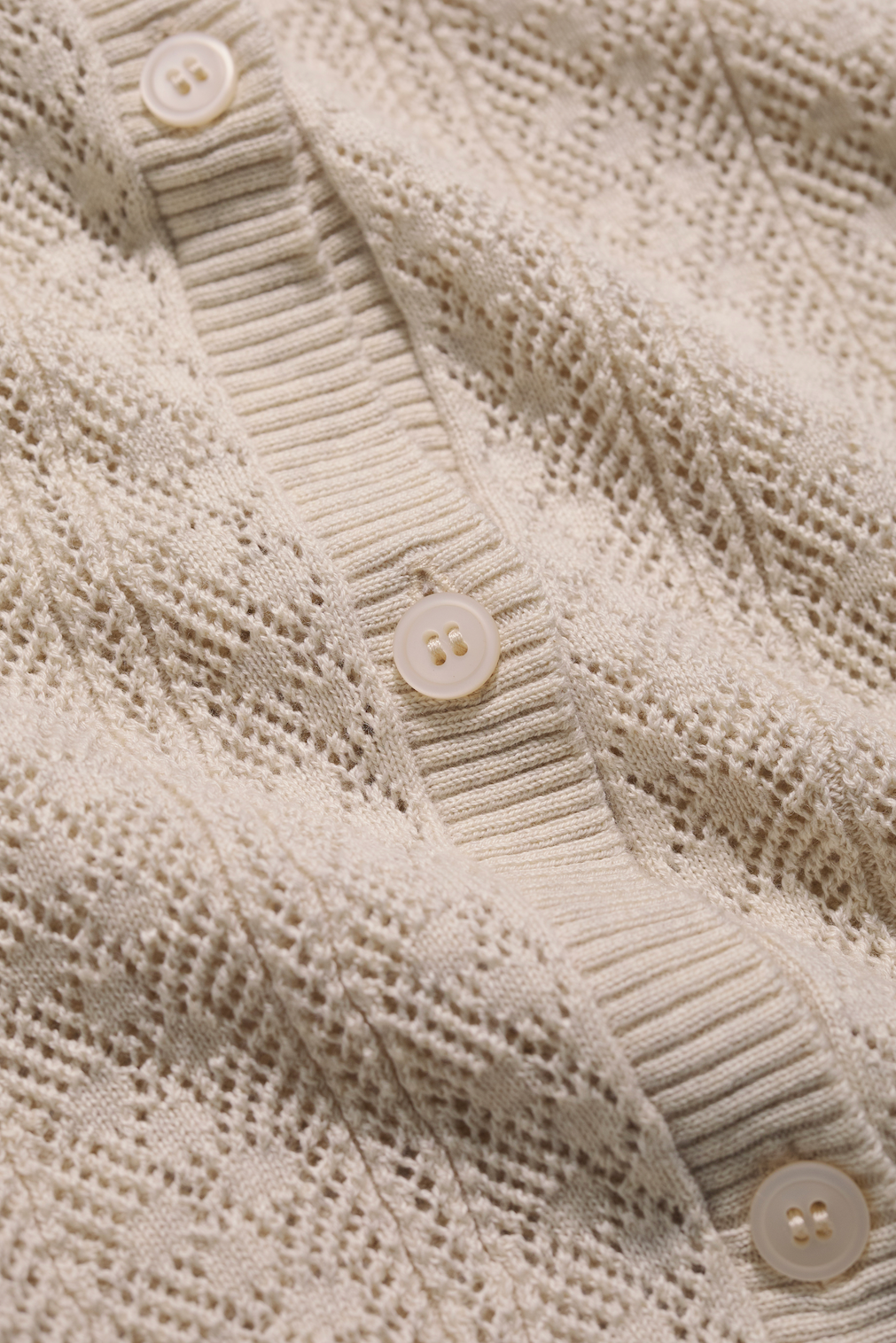 Close-up detail of a cream-colored Seasalt organic cotton knit cardigan with button fastenings.