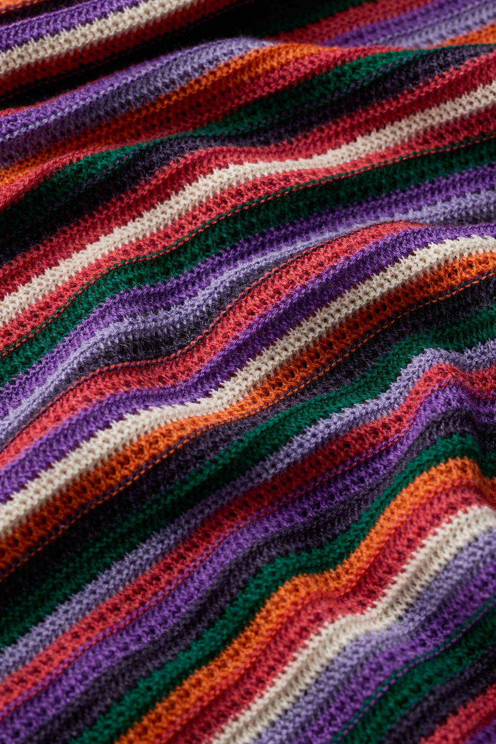Close-up detail of a textured Seasalt knit fabric featuring vibrant multicolored stripes of organic cotton.