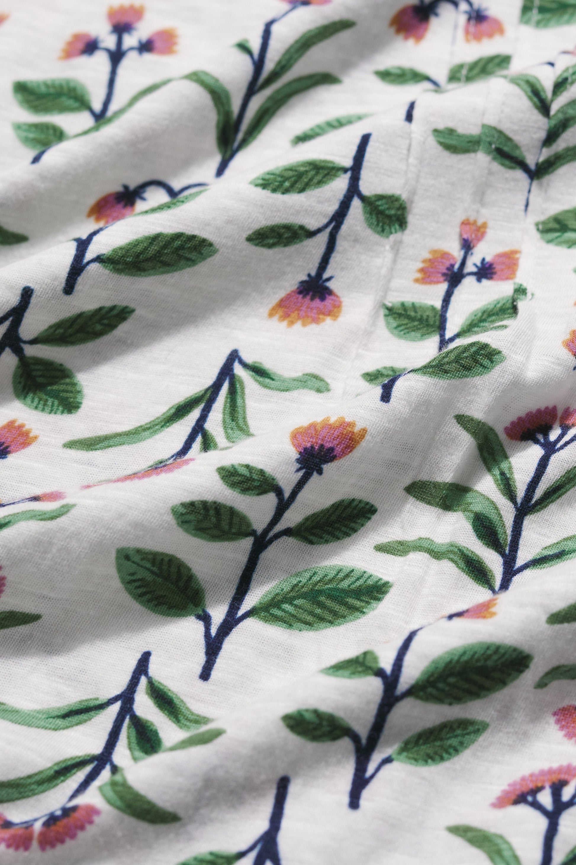 Close-up of organic cotton fabric with floral pattern on a white background