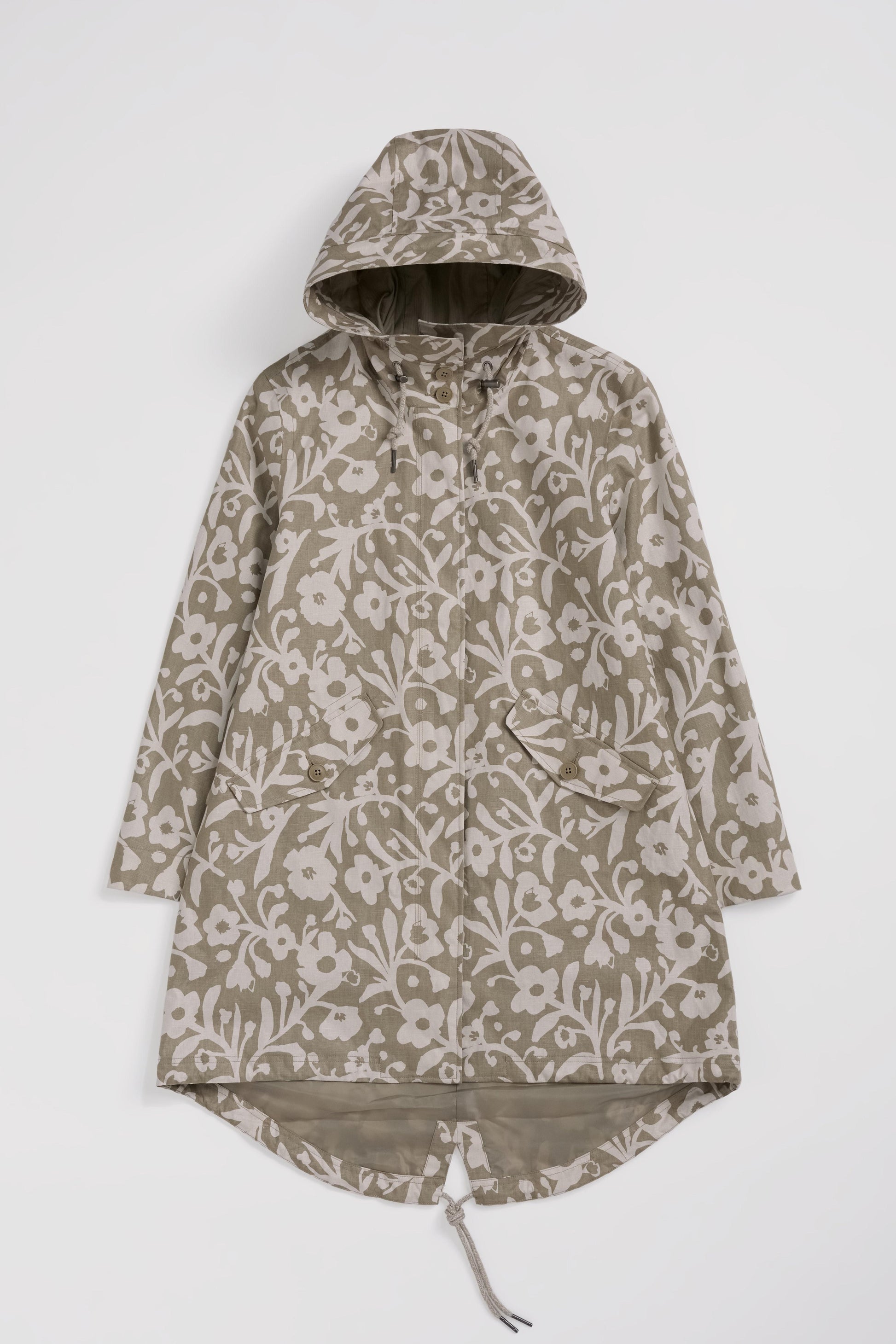 Floral-patterned raincoat on a white background
