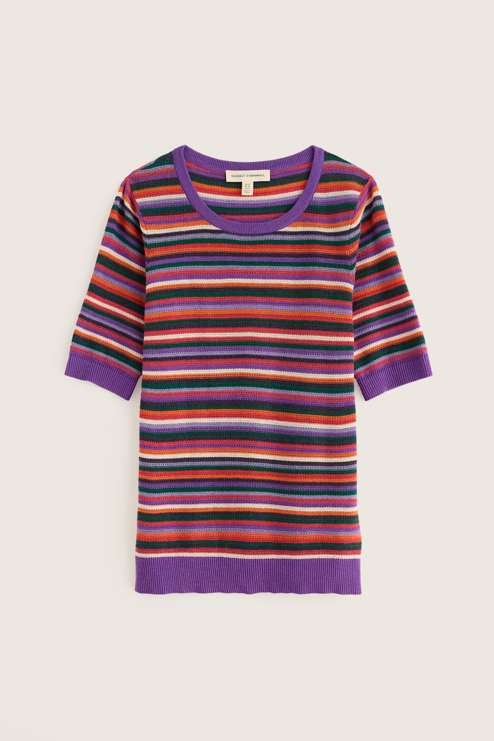 Seasalt Cornwall short-sleeve t-shirt with a colorful multi-striped knit pattern.”