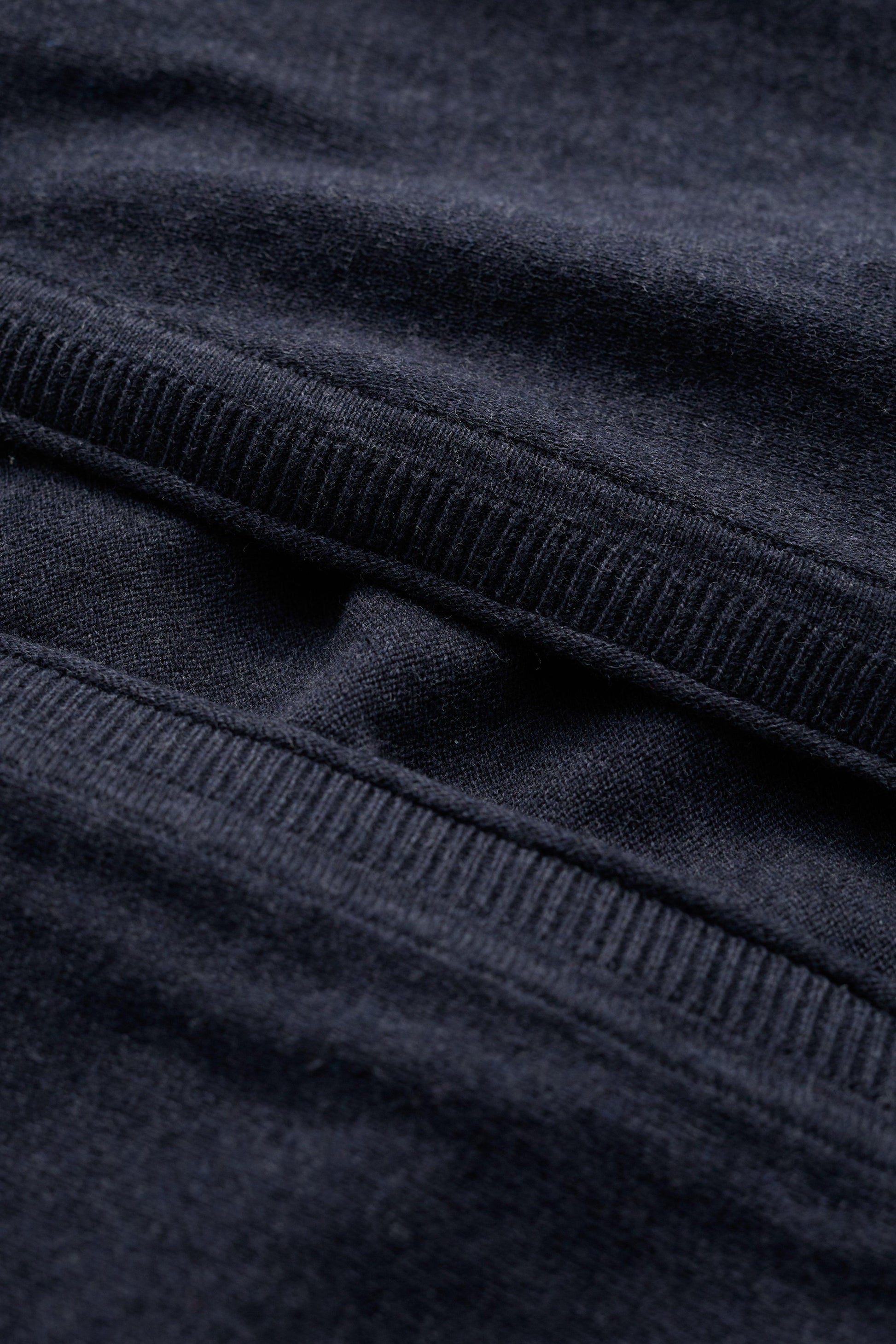 Close-up of dark blue cardigan with a ribbed texture