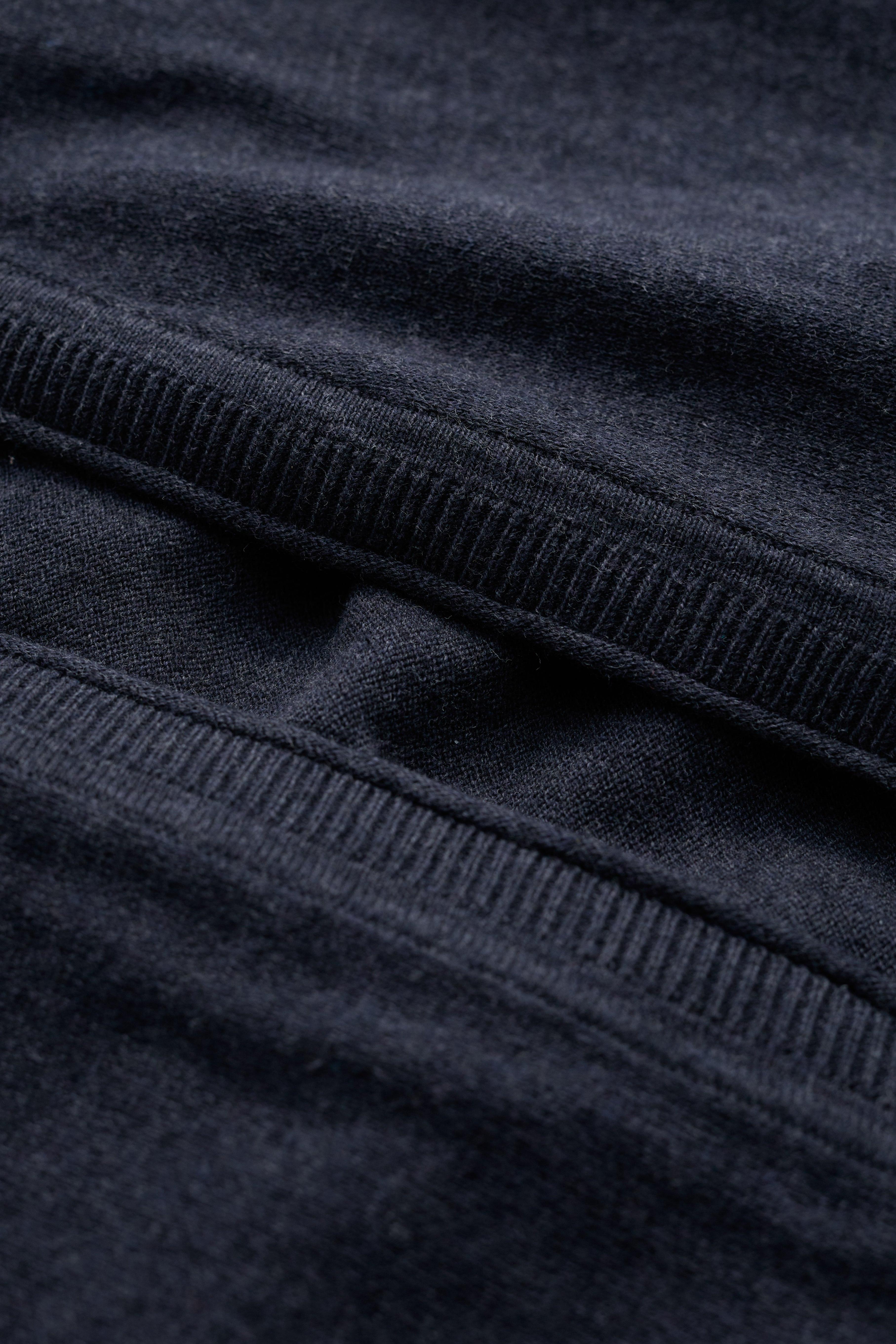 Close-up of dark blue cardigan with a ribbed texture
