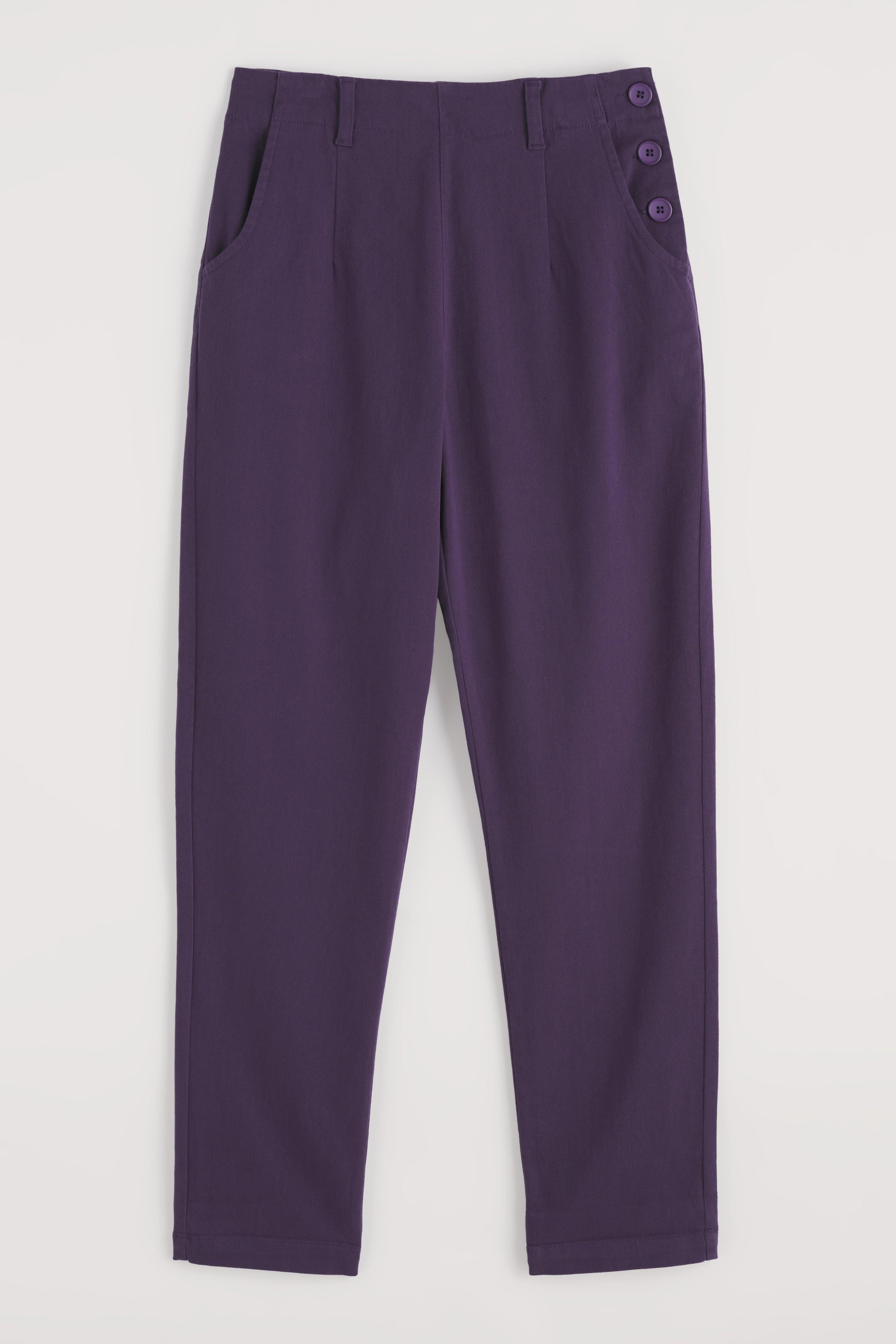 Purple pants with button details on a white background