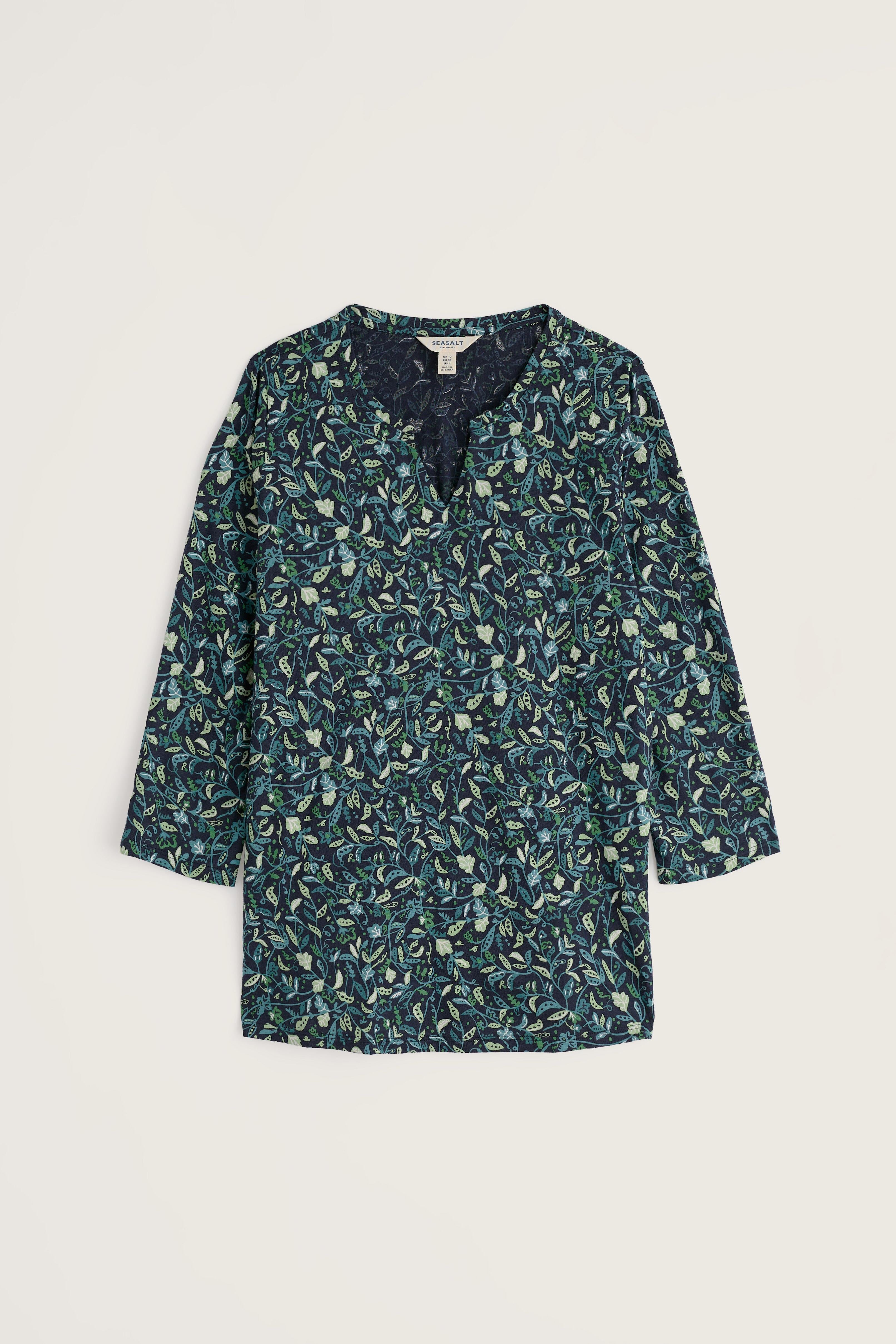 Seasalt Cornwall women's top with dark navy and green floral organic cotton print