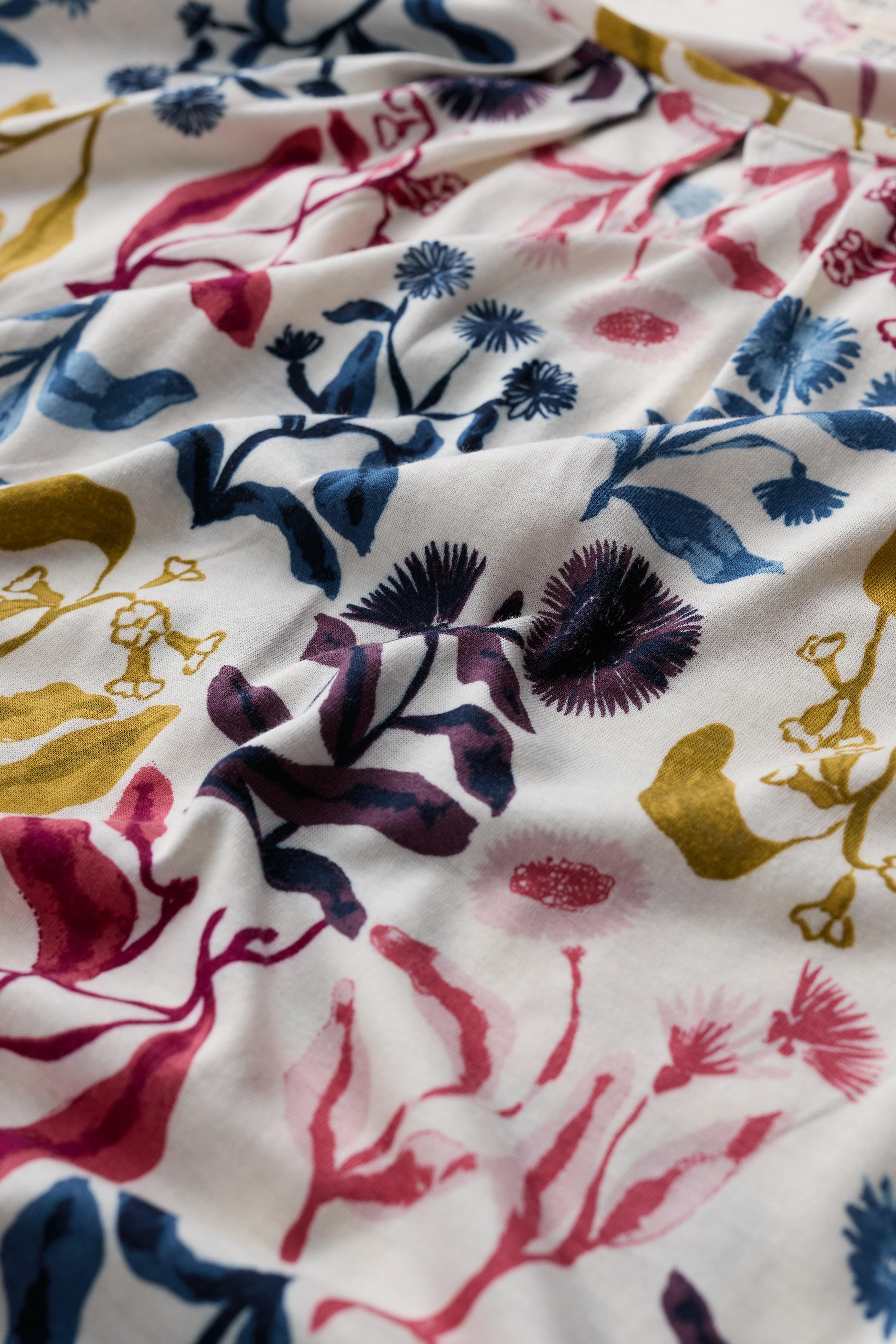 Close-up of colorful floral fabric with red, blue, and gold patterns on a white background.