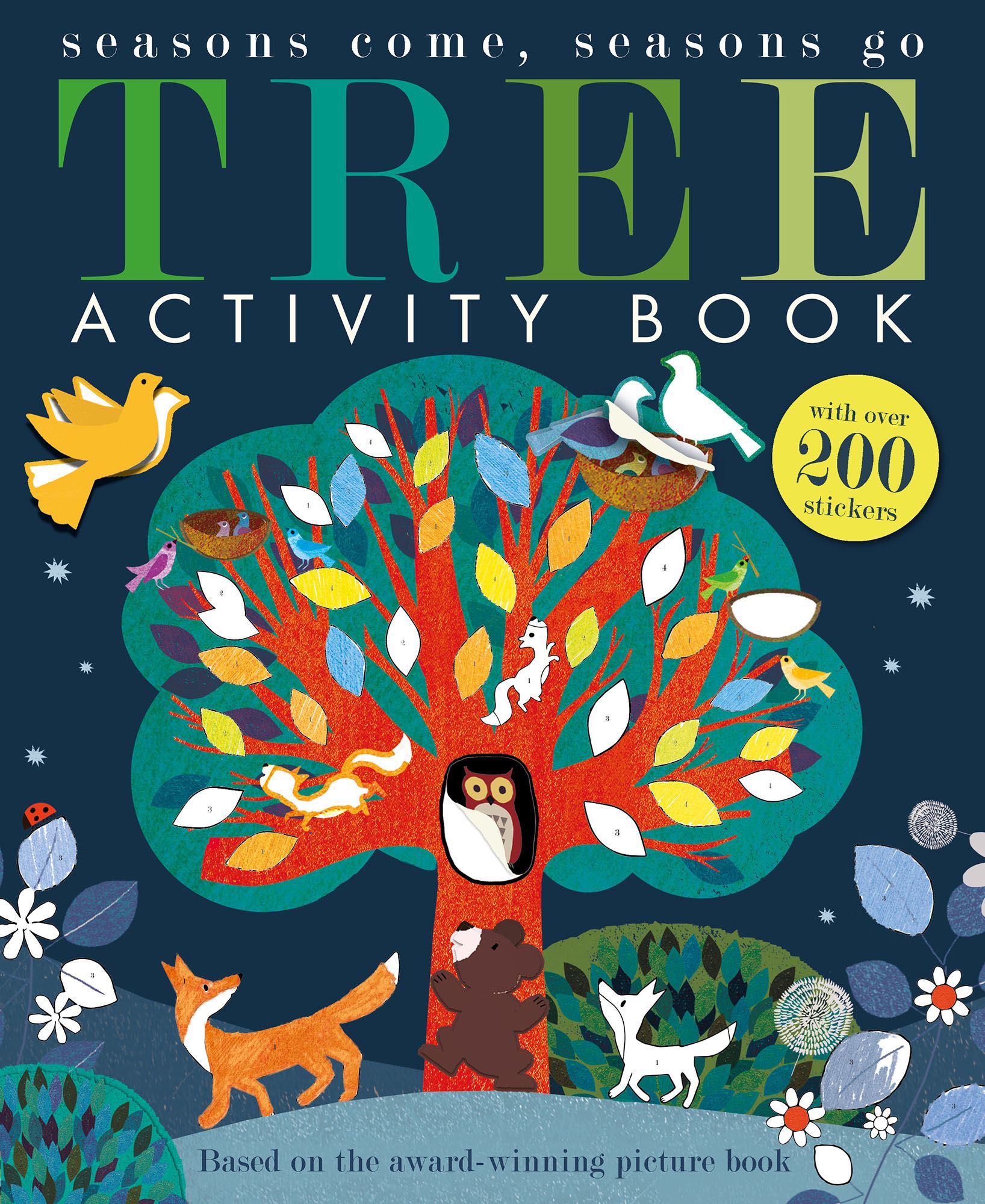 Cover of Seasons Come Seasons Go Tree Activity Book with colourful illustrations of animals and trees.