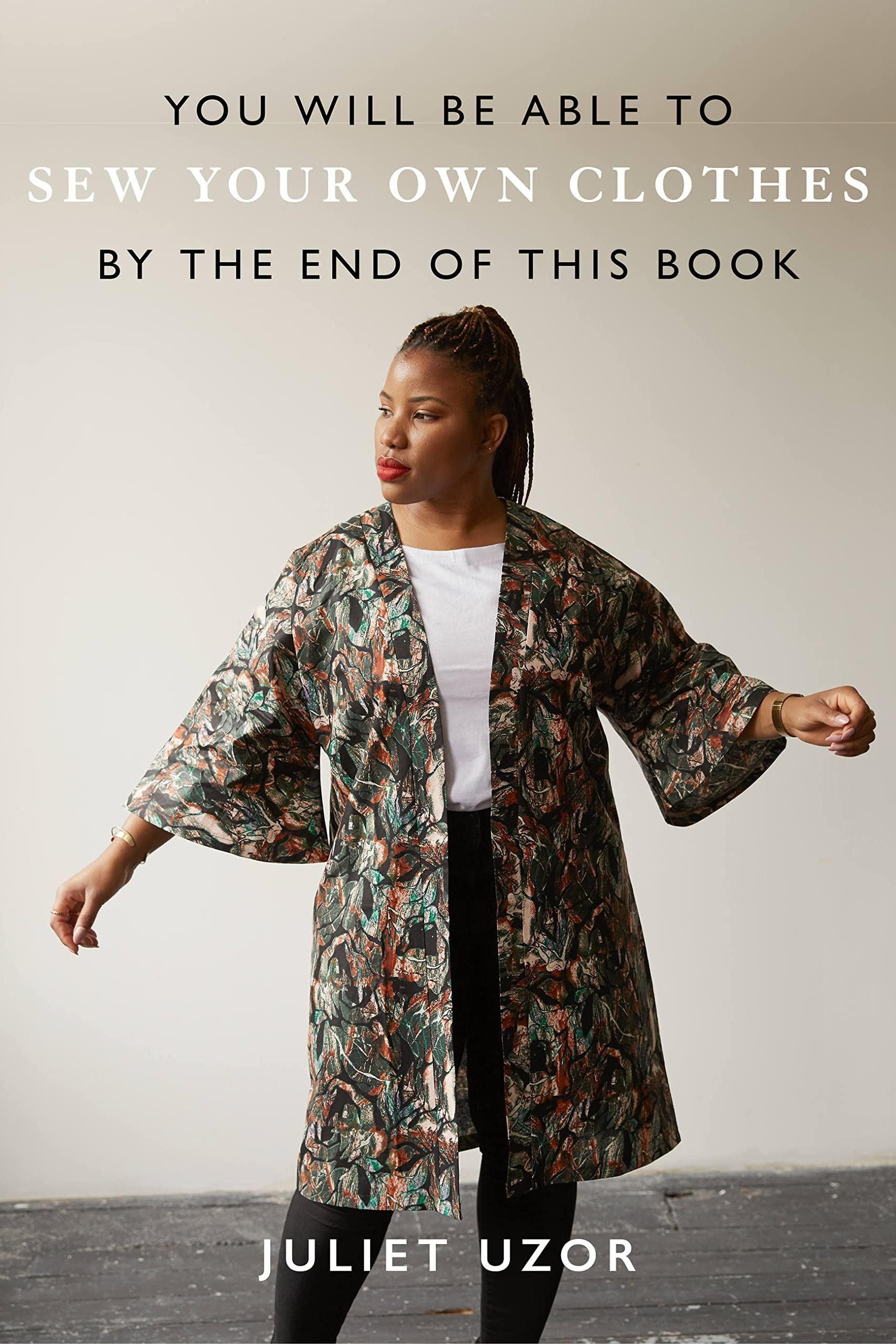 Book cover with a person wearing a floral coat and text about sewing skills.