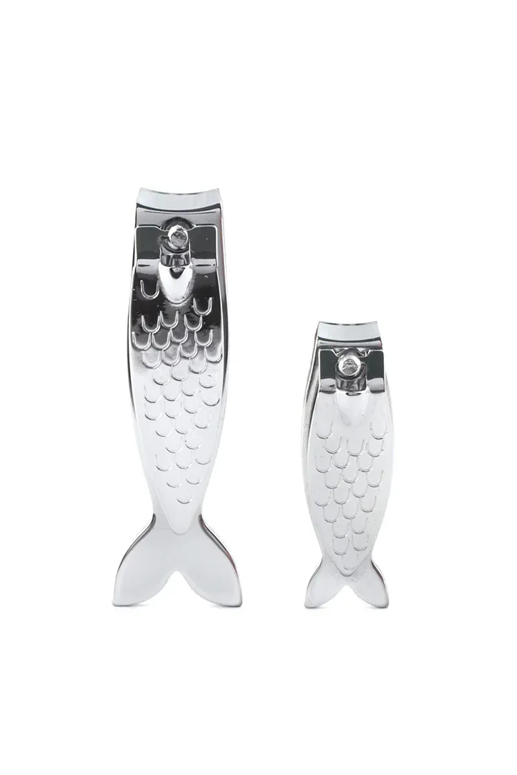 Two fish-shaped nail clippers on a white background