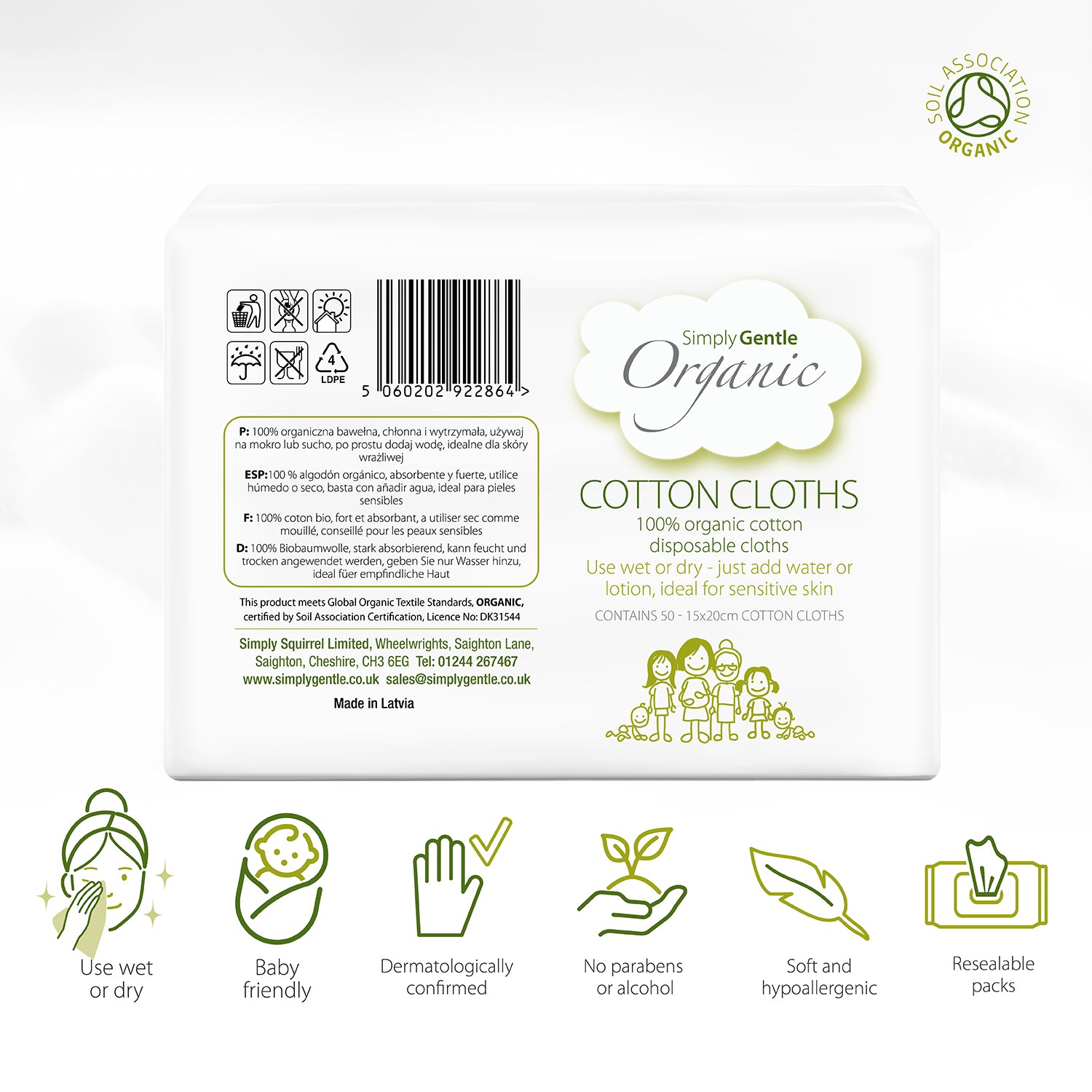Back of Simply Gentle Organic Cotton Cloths packaging with text and icons.