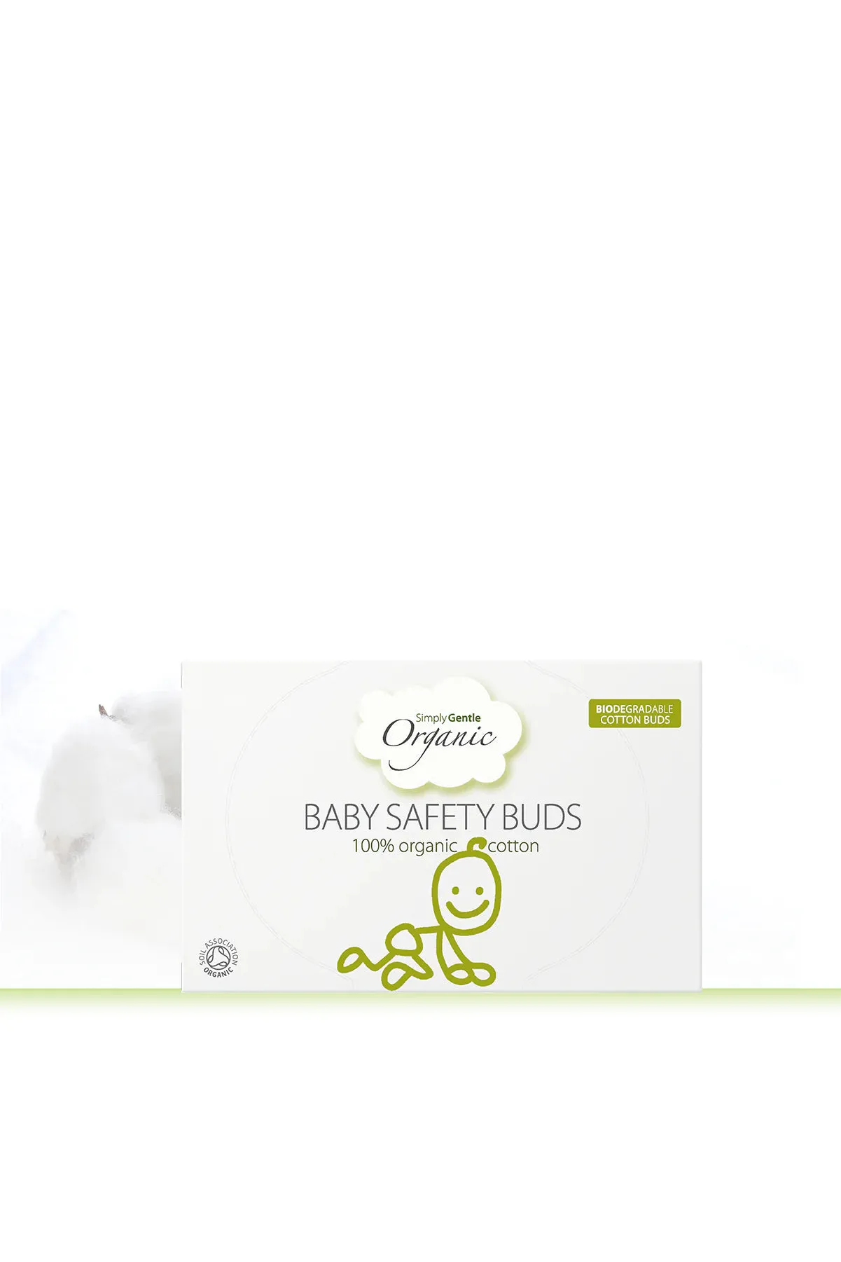 Box of baby safety buds with organic branding on a white background