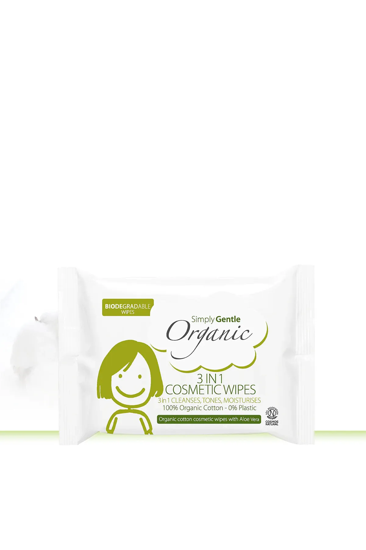 Pack of Simply Gentle Organic 3-in-1 cosmetic wipes on a white background