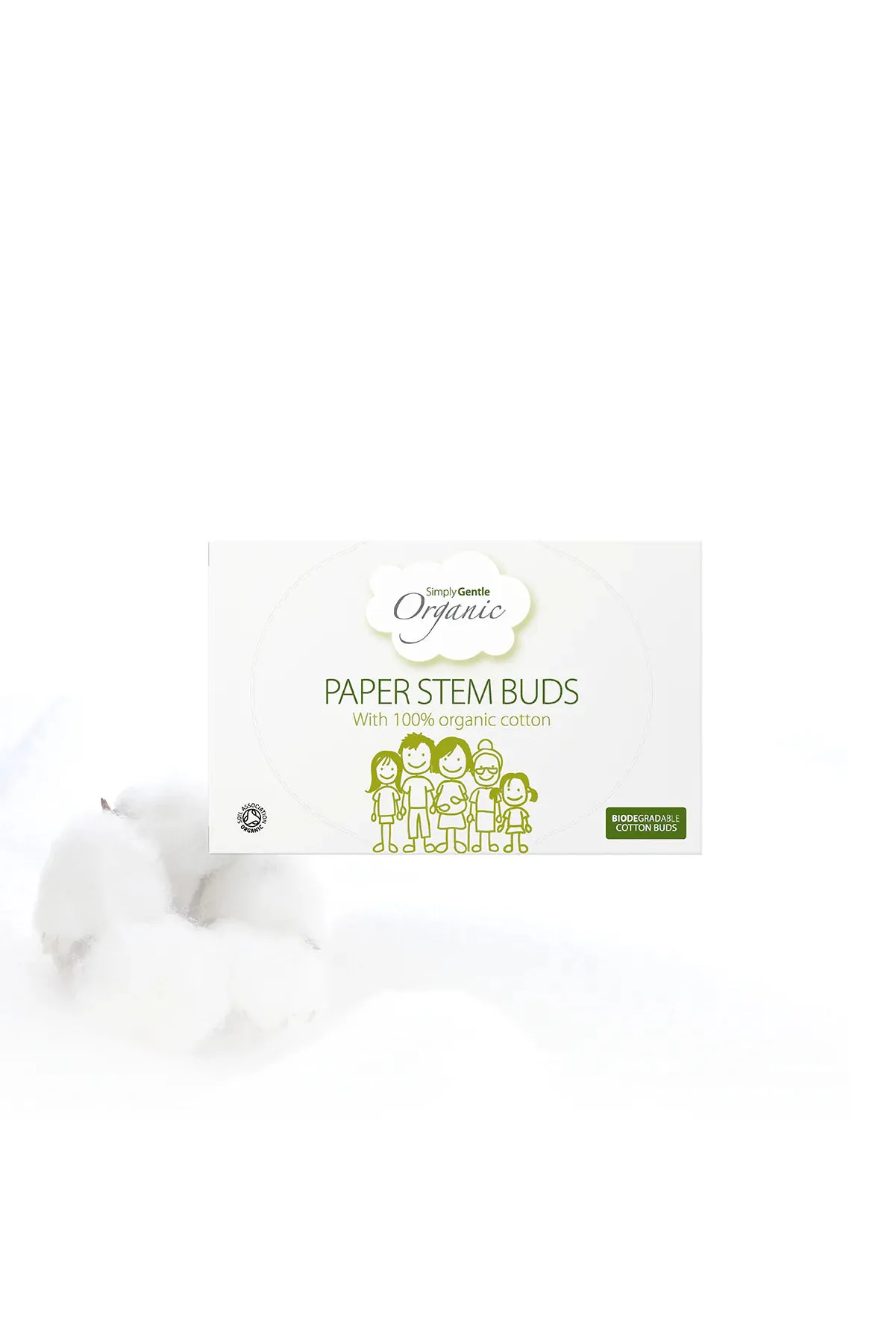 Box of Simply Gentle Organic paper stem buds on a white background