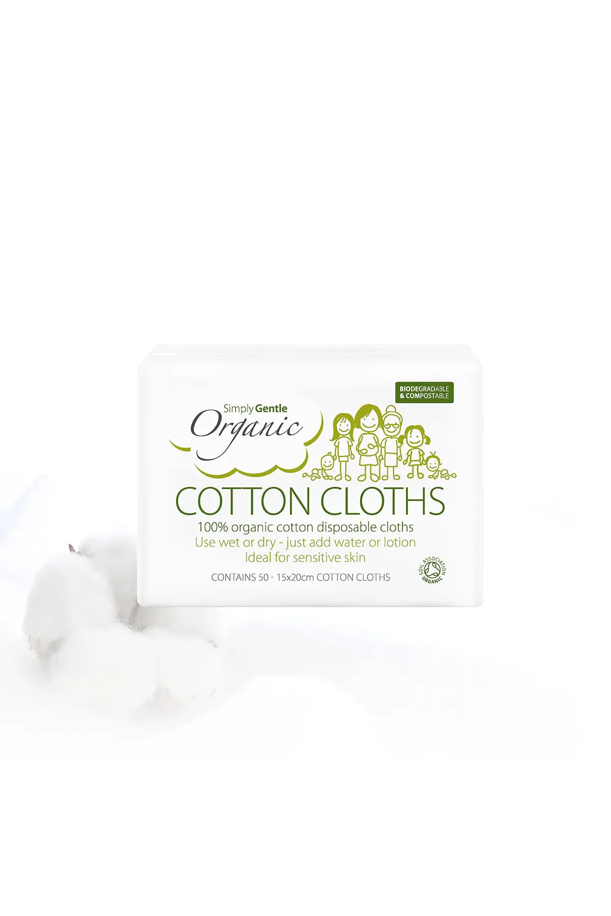 Pack of organic cotton cloths with branding on a white background
